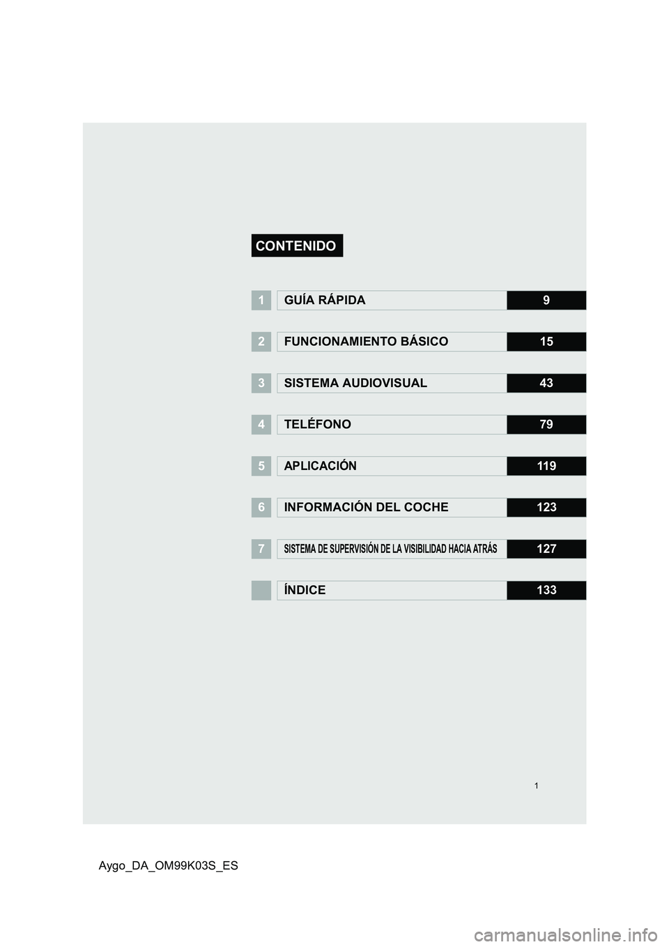 TOYOTA AYGO 2015 Manuale de Empleo (in Spanish) 1
Aygo_DA_OM99K03S_ES
1GUÍA RÁPIDA9
2FUNCIONAMIENTO BÁSICO15
3SISTEMA AUDIOVISUAL43
4TELÉFONO79
5APLICACIÓN11 9
6INFORMACIÓN DEL COCHE123
7SISTEMA DE SUPERVISIÓN DE LA VISIBILIDAD HACIA ATRÁS1 TOYOTA AYGO 2015 Manuale de Empleo (in Spanish) 1
Aygo_DA_OM99K03S_ES
1GUÍA RÁPIDA9
2FUNCIONAMIENTO BÁSICO15
3SISTEMA AUDIOVISUAL43
4TELÉFONO79
5APLICACIÓN11 9
6INFORMACIÓN DEL COCHE123
7SISTEMA DE SUPERVISIÓN DE LA VISIBILIDAD HACIA ATRÁS1