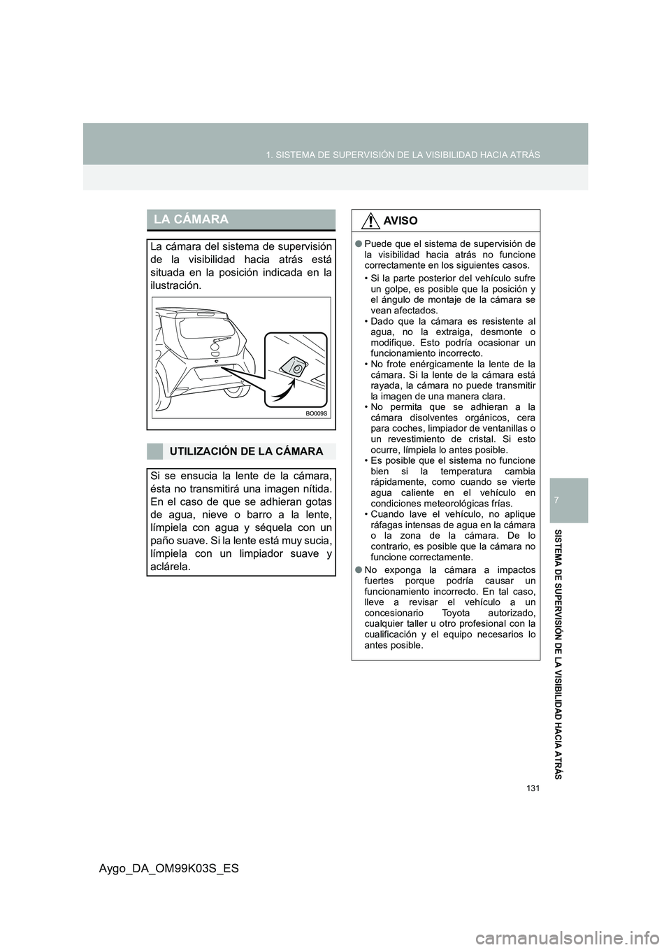 TOYOTA AYGO 2015  Manuale de Empleo (in Spanish) 131
1. SISTEMA DE SUPERVISIÓN DE LA VISIBILIDAD HACIA ATRÁS
Aygo_DA_OM99K03S_ES
7
SISTEMA DE SUPERVISIÓN DE LA VISIBILIDAD HACIA ATRÁS
LA CÁMARA
La cámara del sistema de supervisión
de la visib TOYOTA AYGO 2015  Manuale de Empleo (in Spanish) 131
1. SISTEMA DE SUPERVISIÓN DE LA VISIBILIDAD HACIA ATRÁS
Aygo_DA_OM99K03S_ES
7
SISTEMA DE SUPERVISIÓN DE LA VISIBILIDAD HACIA ATRÁS
LA CÁMARA
La cámara del sistema de supervisión
de la visib