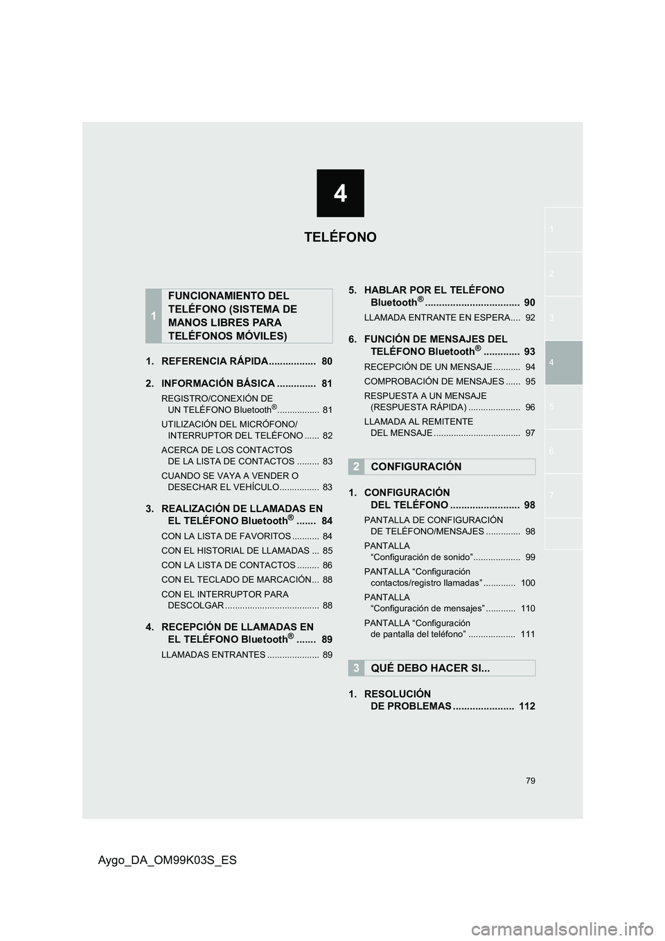 TOYOTA AYGO 2015  Manuale de Empleo (in Spanish) 79
1 
2 
3
4
4
5
Aygo_DA_OM99K03S_ES
6
7
1. REFERENCIA RÁPIDA.................  80 
2. INFORMACIÓN BÁSICA ..............  81
REGISTRO/CONEXIÓN DE  
UN TELÉFONO Bluetooth®.................  81 
U