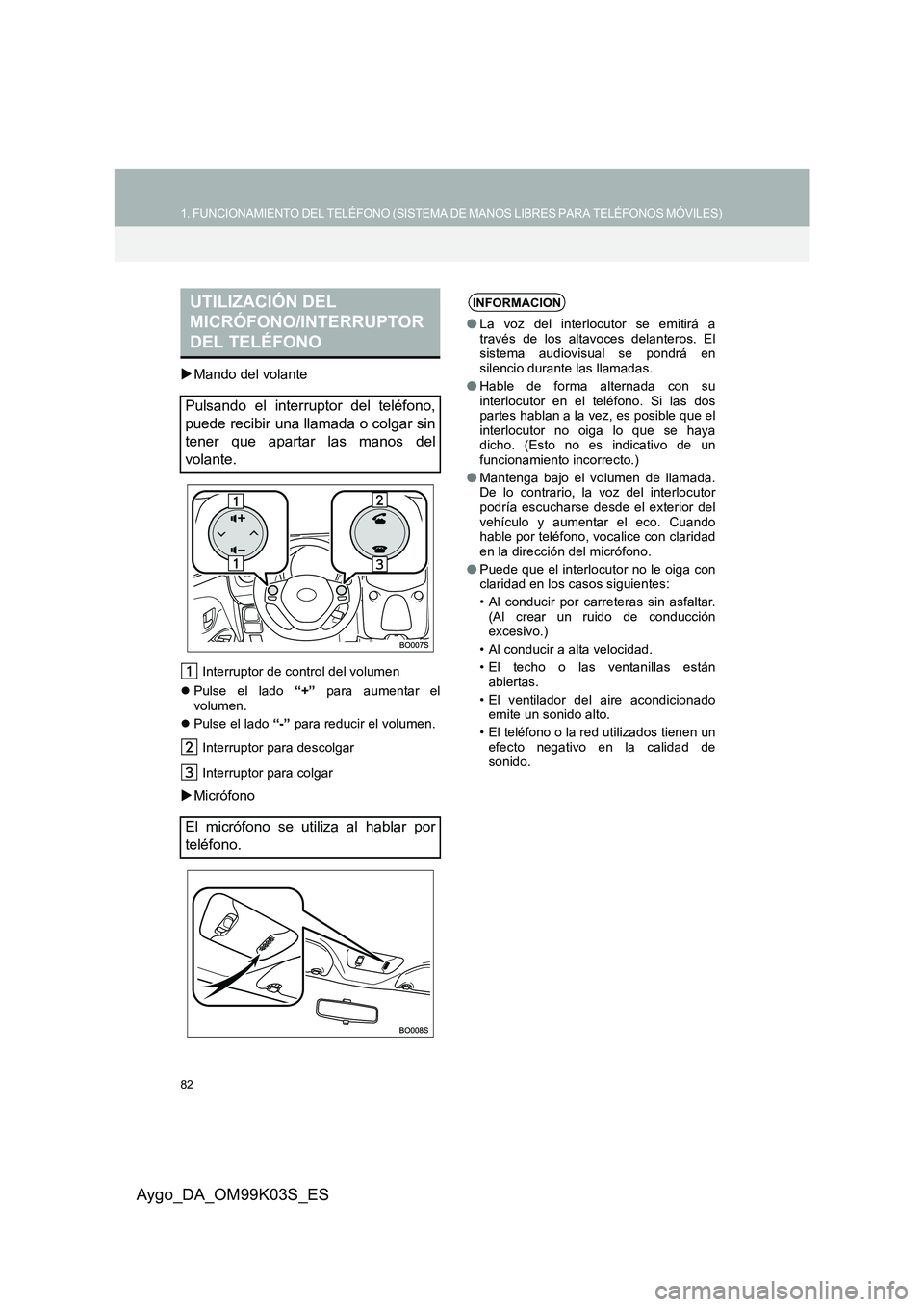 TOYOTA AYGO 2015  Manuale de Empleo (in Spanish) 82
1. FUNCIONAMIENTO DEL TELÉFONO (SISTEMA DE MANOS LIBRES PARA TELÉFONOS MÓVILES)
Aygo_DA_OM99K03S_ES
�XMando del volante
Interruptor de control del volumen 
�z Pulse el lado “+” para aumentar