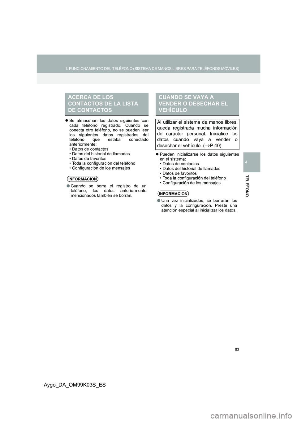 TOYOTA AYGO 2015  Manuale de Empleo (in Spanish) 83
1. FUNCIONAMIENTO DEL TELÉFONO (SISTEMA DE MANOS LIBRES PARA TELÉFONOS MÓVILES)
4
TELÉFONO
Aygo_DA_OM99K03S_ES
�zSe almacenan los datos siguientes con cada teléfono registrado. Cuando seconect