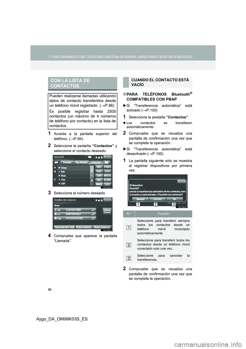 TOYOTA AYGO 2015  Manuale de Empleo (in Spanish) 86
1. FUNCIONAMIENTO DEL TELÉFONO (SISTEMA DE MANOS LIBRES PARA TELÉFONOS MÓVILES)
Aygo_DA_OM99K03S_ES
1Acceda a la pantalla superior del 
teléfono. ( →P.84)
2Seleccione la pestaña “Contactos