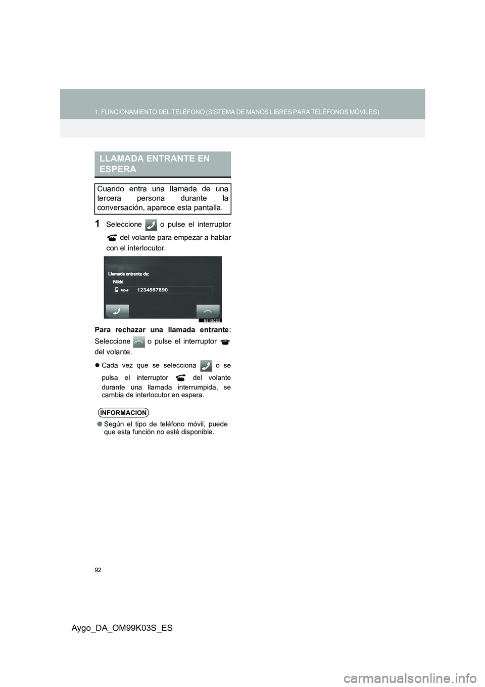 TOYOTA AYGO 2015  Manuale de Empleo (in Spanish) 92
1. FUNCIONAMIENTO DEL TELÉFONO (SISTEMA DE MANOS LIBRES PARA TELÉFONOS MÓVILES)
Aygo_DA_OM99K03S_ES
1Seleccione   o pulse el interruptor 
 del volante para empezar a hablar 
con el interlocutor. TOYOTA AYGO 2015  Manuale de Empleo (in Spanish) 92
1. FUNCIONAMIENTO DEL TELÉFONO (SISTEMA DE MANOS LIBRES PARA TELÉFONOS MÓVILES)
Aygo_DA_OM99K03S_ES
1Seleccione   o pulse el interruptor 
 del volante para empezar a hablar 
con el interlocutor.