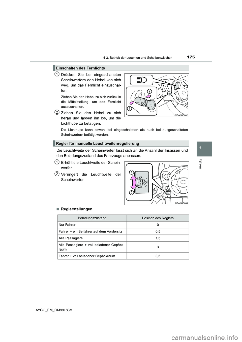TOYOTA AYGO 2016 Betriebsanleitungen (in German) 1754-3. Betrieb der Leuchten und Scheibenwischer
4
Fahren
AYGO_EM_OM99L83M
Drücken Sie bei eingeschalteten
Scheinwerfern den Hebel von sich
weg, um das Fernlicht einzuschal-
ten.
Ziehen Sie den He TOYOTA AYGO 2016 Betriebsanleitungen (in German) 1754-3. Betrieb der Leuchten und Scheibenwischer
4
Fahren
AYGO_EM_OM99L83M
Drücken Sie bei eingeschalteten
Scheinwerfern den Hebel von sich
weg, um das Fernlicht einzuschal-
ten.
Ziehen Sie den He