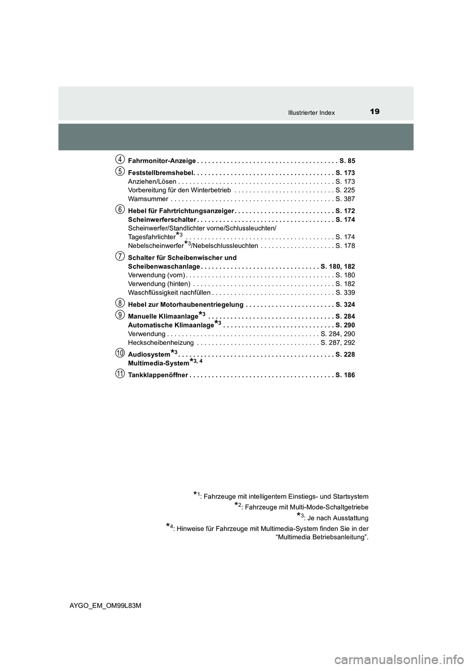 TOYOTA AYGO 2016  Betriebsanleitungen (in German) 19Illustrierter Index
AYGO_EM_OM99L83M 
Fahrmonitor-Anzeige . . . . . . . . . . . . . . . . . . . . . . . . . . . . . . . . . . . . . . S. 85 
Feststellbremshebel. . . . . . . . . . . . . . . . . . . 