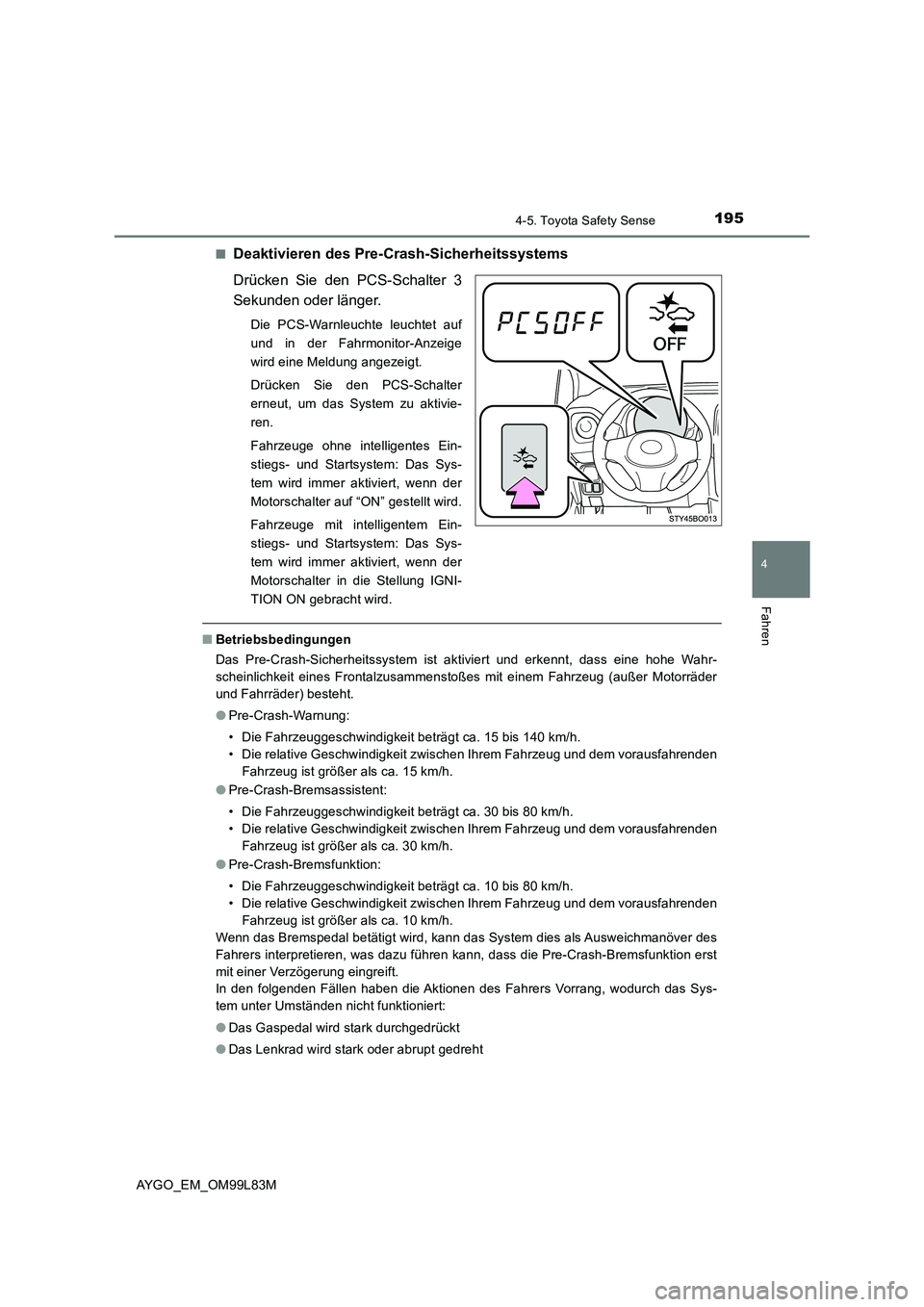 TOYOTA AYGO 2016 Betriebsanleitungen (in German) 1954-5. Toyota Safety Sense
4
Fahren
AYGO_EM_OM99L83M
■Deaktivieren des Pre- Crash-Sicherheitssystems
Drücken Sie den PCS-Schalter 3
Sekunden oder länger.
Die PCS-Warnleuchte leuchtet auf
und TOYOTA AYGO 2016 Betriebsanleitungen (in German) 1954-5. Toyota Safety Sense
4
Fahren
AYGO_EM_OM99L83M
■Deaktivieren des Pre- Crash-Sicherheitssystems
Drücken Sie den PCS-Schalter 3
Sekunden oder länger.
Die PCS-Warnleuchte leuchtet auf
und