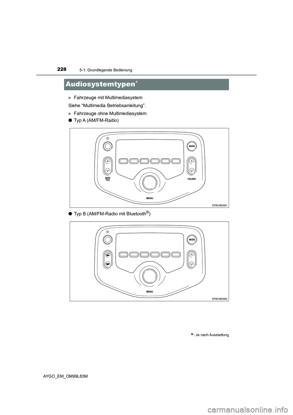 TOYOTA AYGO 2016 Betriebsanleitungen (in German) 2285-1. Grundlegende Bedienung
AYGO_EM_OM99L83M
Audiosystemtypen
Fahrzeuge mit Multimediasystem
Siehe “Multimedia Betriebsanleitung”.
Fahrzeuge ohne Multimediasystem
● Typ A (AM/FM-R TOYOTA AYGO 2016 Betriebsanleitungen (in German) 2285-1. Grundlegende Bedienung
AYGO_EM_OM99L83M
Audiosystemtypen
Fahrzeuge mit Multimediasystem
Siehe “Multimedia Betriebsanleitung”.
Fahrzeuge ohne Multimediasystem
● Typ A (AM/FM-R