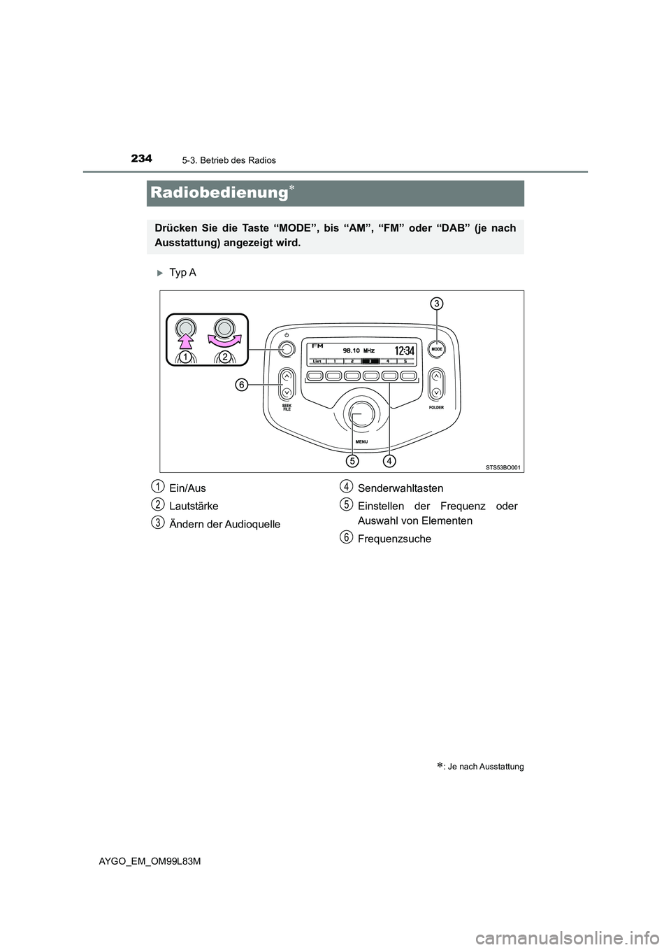 TOYOTA AYGO 2016  Betriebsanleitungen (in German) 2345-3. Betrieb des Radios
AYGO_EM_OM99L83M
Radiobedienung
Ty p  A
: Je nach Ausstattung
Drücken Sie die Taste “MODE”, bis “AM”, “FM” oder “DAB” (je nach 
Ausstattung) angeze