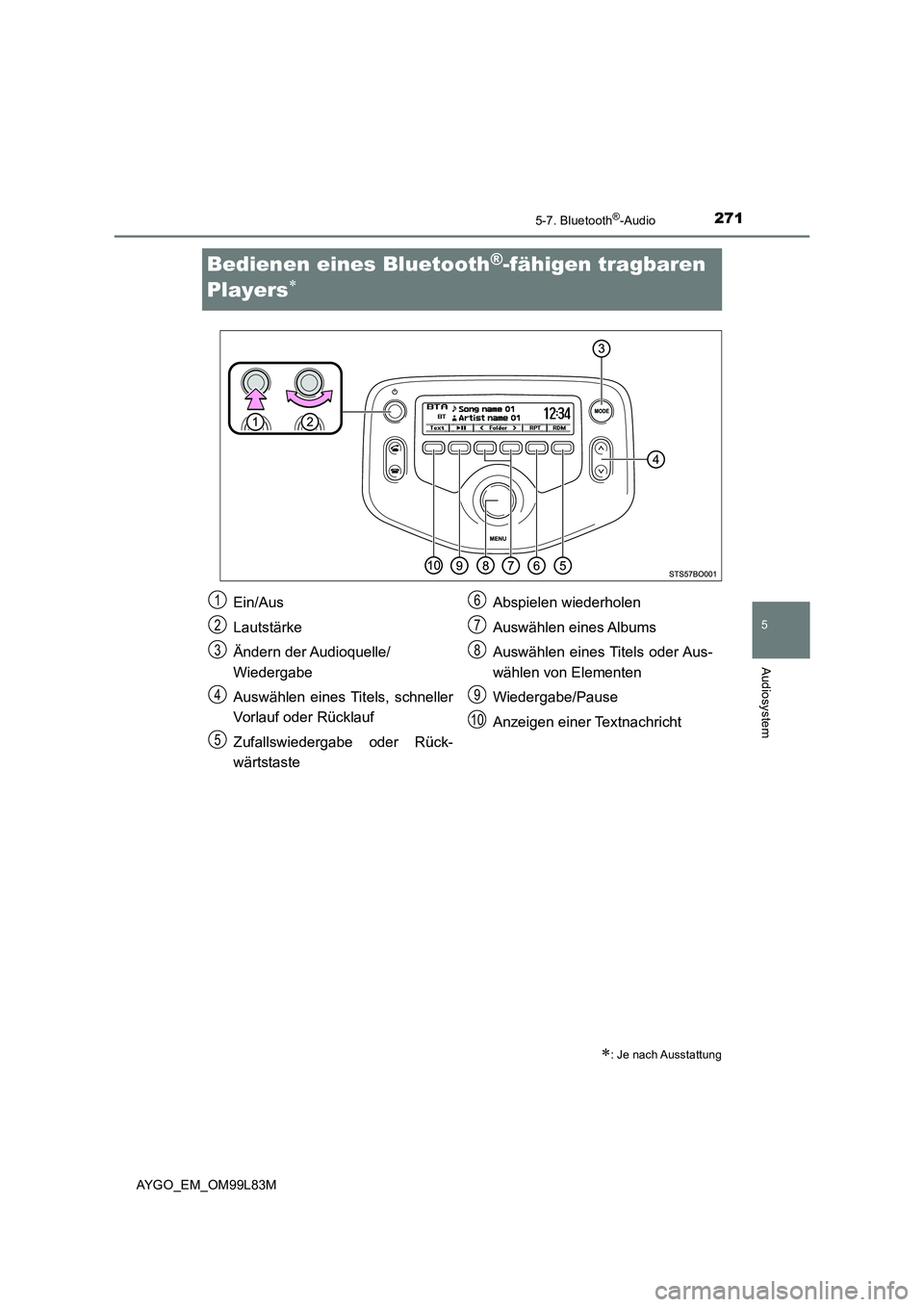 TOYOTA AYGO 2016 Betriebsanleitungen (in German) 271
5
5-7. Bluetooth®-Audio
Audiosystem
AYGO_EM_OM99L83M
Bedienen eines Bluetooth®-fähigen tragbaren
Players
: Je nach Ausstattung
Ein/Aus
Lautstärke
Ändern der Audioquelle/
Wiedergabe TOYOTA AYGO 2016 Betriebsanleitungen (in German) 271
5
5-7. Bluetooth®-Audio
Audiosystem
AYGO_EM_OM99L83M
Bedienen eines Bluetooth®-fähigen tragbaren
Players
: Je nach Ausstattung
Ein/Aus
Lautstärke
Ändern der Audioquelle/
Wiedergabe