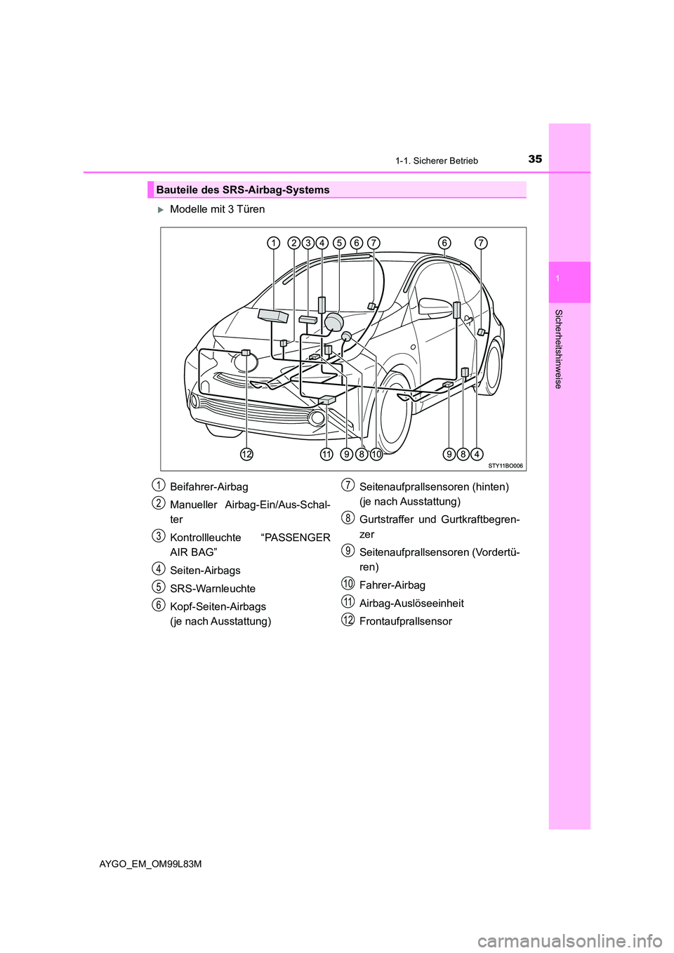 TOYOTA AYGO 2016 Betriebsanleitungen (in German) 351-1. Sicherer Betrieb
1
Sicherheitshinweise
AYGO_EM_OM99L83M
Modelle mit 3 Türen
Bauteile des SRS-Airbag-Systems
Beifahrer-Airbag
Manueller Airbag-Ein/Aus-Schal-
ter
Kontrollleuchte “PASSEN TOYOTA AYGO 2016 Betriebsanleitungen (in German) 351-1. Sicherer Betrieb
1
Sicherheitshinweise
AYGO_EM_OM99L83M
Modelle mit 3 Türen
Bauteile des SRS-Airbag-Systems
Beifahrer-Airbag
Manueller Airbag-Ein/Aus-Schal-
ter
Kontrollleuchte “PASSEN