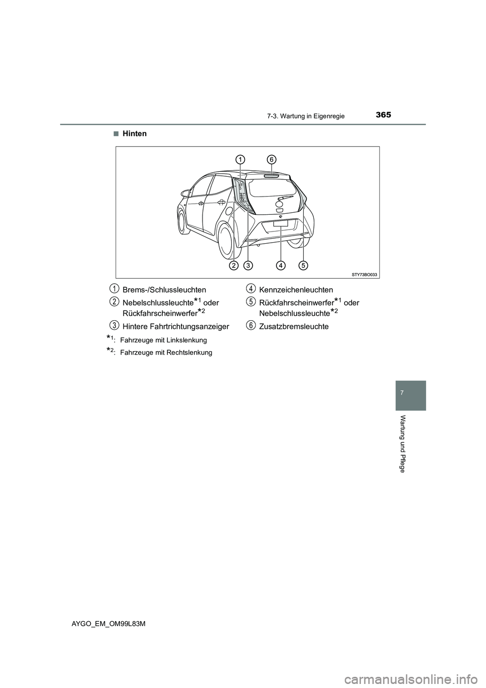 TOYOTA AYGO 2016 Betriebsanleitungen (in German) 3657-3. Wartung in Eigenregie
7
Wartung und Pflege
AYGO_EM_OM99L83M
■Hinten
*1: Fahrzeuge mit Linkslenkung
*2: Fahrzeuge mit Rechtslenkung
Brems-/Schlussleuchten
Nebelschlussleuchte*1 oder
Rück TOYOTA AYGO 2016 Betriebsanleitungen (in German) 3657-3. Wartung in Eigenregie
7
Wartung und Pflege
AYGO_EM_OM99L83M
■Hinten
*1: Fahrzeuge mit Linkslenkung
*2: Fahrzeuge mit Rechtslenkung
Brems-/Schlussleuchten
Nebelschlussleuchte*1 oder
Rück