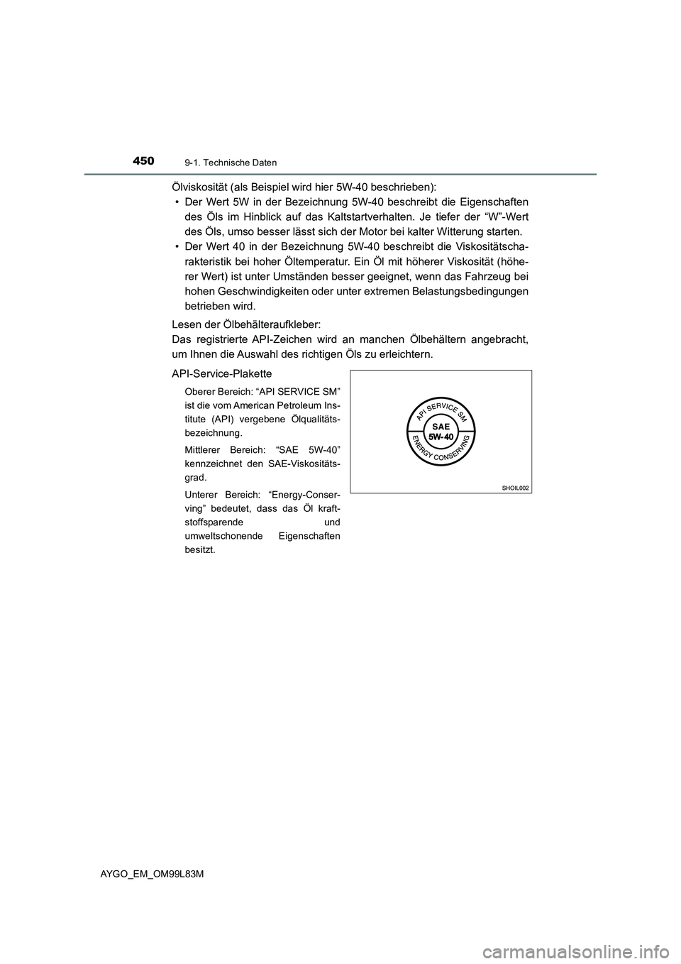 TOYOTA AYGO 2016 Betriebsanleitungen (in German) 4509-1. Technische Daten
AYGO_EM_OM99L83M
Ölviskosität (als Beispiel wird hier 5W-40 beschrieben):
• Der Wert 5W in der Bezeichnung 5W-40 beschreibt die Eigenschaften
des Öls im Hinblick auf da TOYOTA AYGO 2016 Betriebsanleitungen (in German) 4509-1. Technische Daten
AYGO_EM_OM99L83M
Ölviskosität (als Beispiel wird hier 5W-40 beschrieben):
• Der Wert 5W in der Bezeichnung 5W-40 beschreibt die Eigenschaften
des Öls im Hinblick auf da