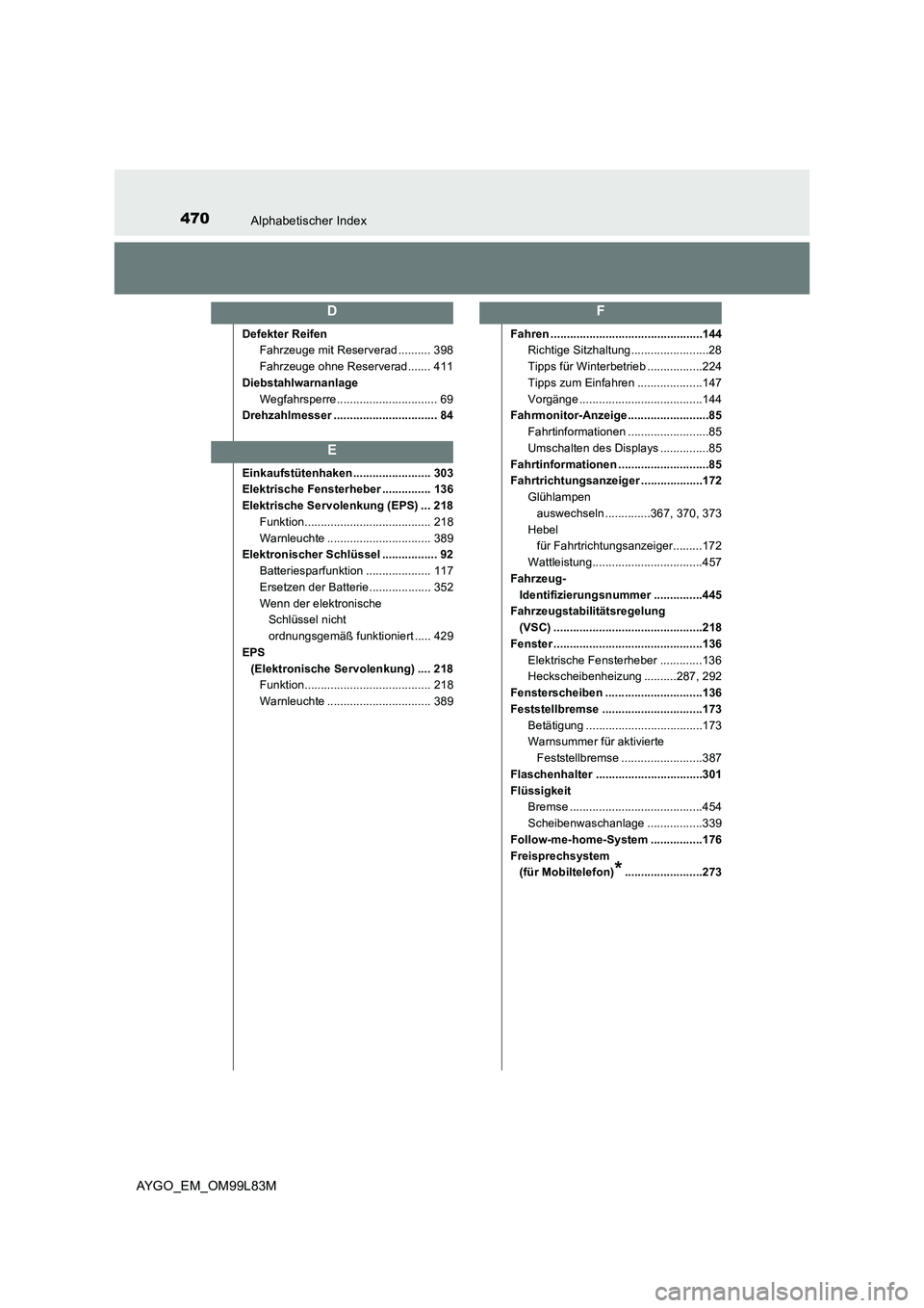 TOYOTA AYGO 2016 Betriebsanleitungen (in German) 470Alphabetischer Index
AYGO_EM_OM99L83M
Defekter Reifen
Fahrzeuge mit Reserverad .......... 398
Fahrzeuge ohne Reserverad....... 411
Diebstahlwarnanlage
Wegfahrsperre............................. TOYOTA AYGO 2016 Betriebsanleitungen (in German) 470Alphabetischer Index
AYGO_EM_OM99L83M
Defekter Reifen
Fahrzeuge mit Reserverad .......... 398
Fahrzeuge ohne Reserverad....... 411
Diebstahlwarnanlage
Wegfahrsperre.............................
