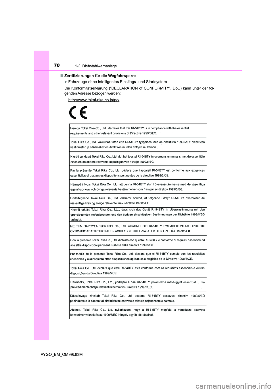 TOYOTA AYGO 2016 Betriebsanleitungen (in German) 701-2. Diebstahlwarnanlage
AYGO_EM_OM99L83M
■ Zertifizierungen für die Wegfahrsperre
Fahrzeuge ohne intelligentes Einstiegs- und Startsystem
Die Konformitätserklärung (“DECLARATION of CONF TOYOTA AYGO 2016 Betriebsanleitungen (in German) 701-2. Diebstahlwarnanlage
AYGO_EM_OM99L83M
■ Zertifizierungen für die Wegfahrsperre
Fahrzeuge ohne intelligentes Einstiegs- und Startsystem
Die Konformitätserklärung (“DECLARATION of CONF