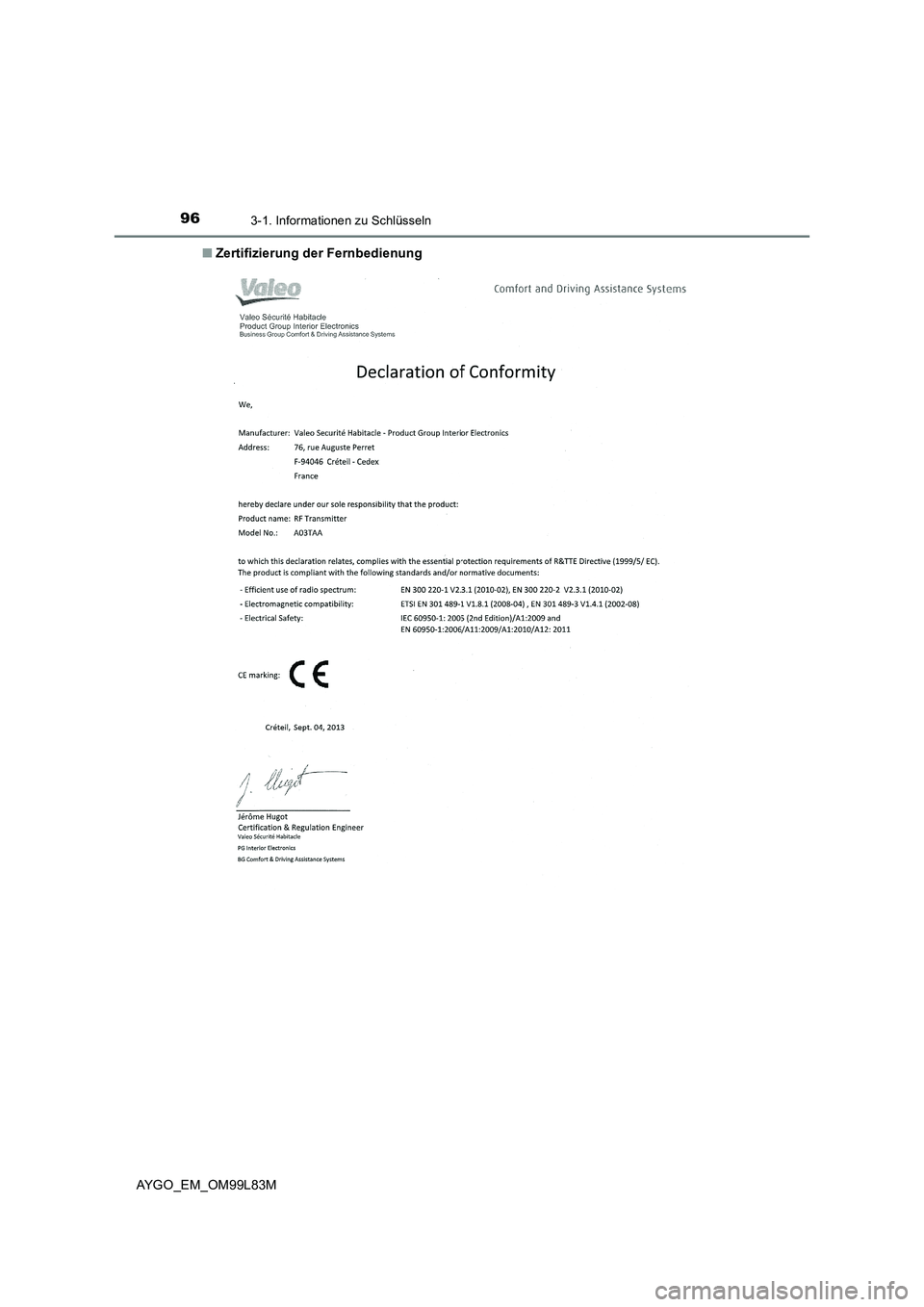 TOYOTA AYGO 2016  Betriebsanleitungen (in German) 963-1. Informationen zu Schlüsseln
AYGO_EM_OM99L83M 
■ Zertifizierung der Fernbedienung 
