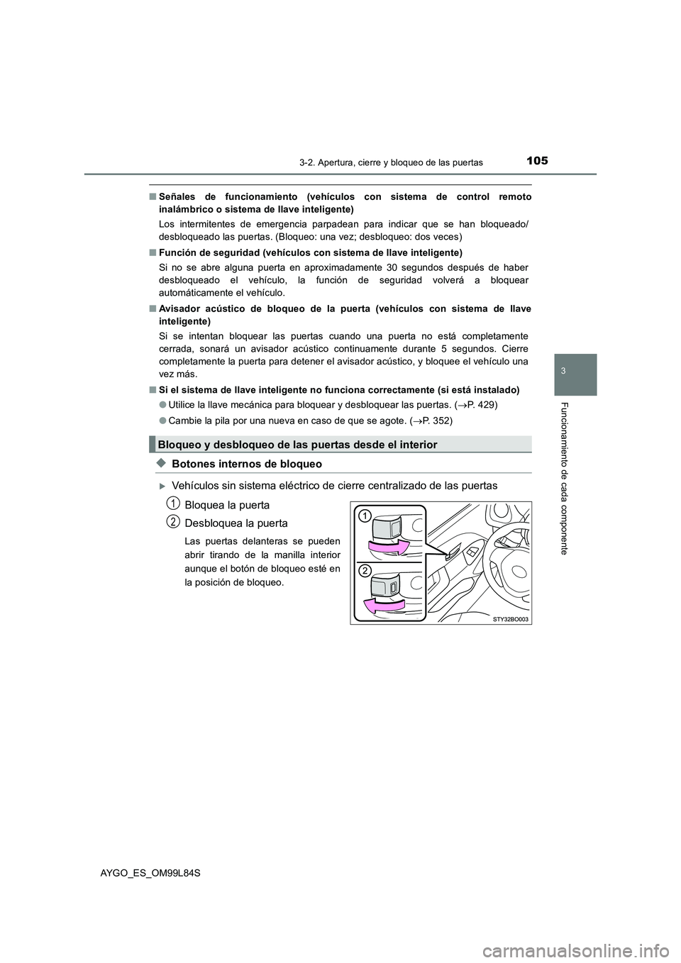 TOYOTA AYGO 2016 Manuale de Empleo (in Spanish) 1053-2. Apertura, cierre y bloqueo de las puertas
3
Funcionamiento de cada componente
AYGO_ES_OM99L84S
■Señales de funcionamiento (vehículos con sistema de control remoto
inalámbrico o sistema d TOYOTA AYGO 2016 Manuale de Empleo (in Spanish) 1053-2. Apertura, cierre y bloqueo de las puertas
3
Funcionamiento de cada componente
AYGO_ES_OM99L84S
■Señales de funcionamiento (vehículos con sistema de control remoto
inalámbrico o sistema d
