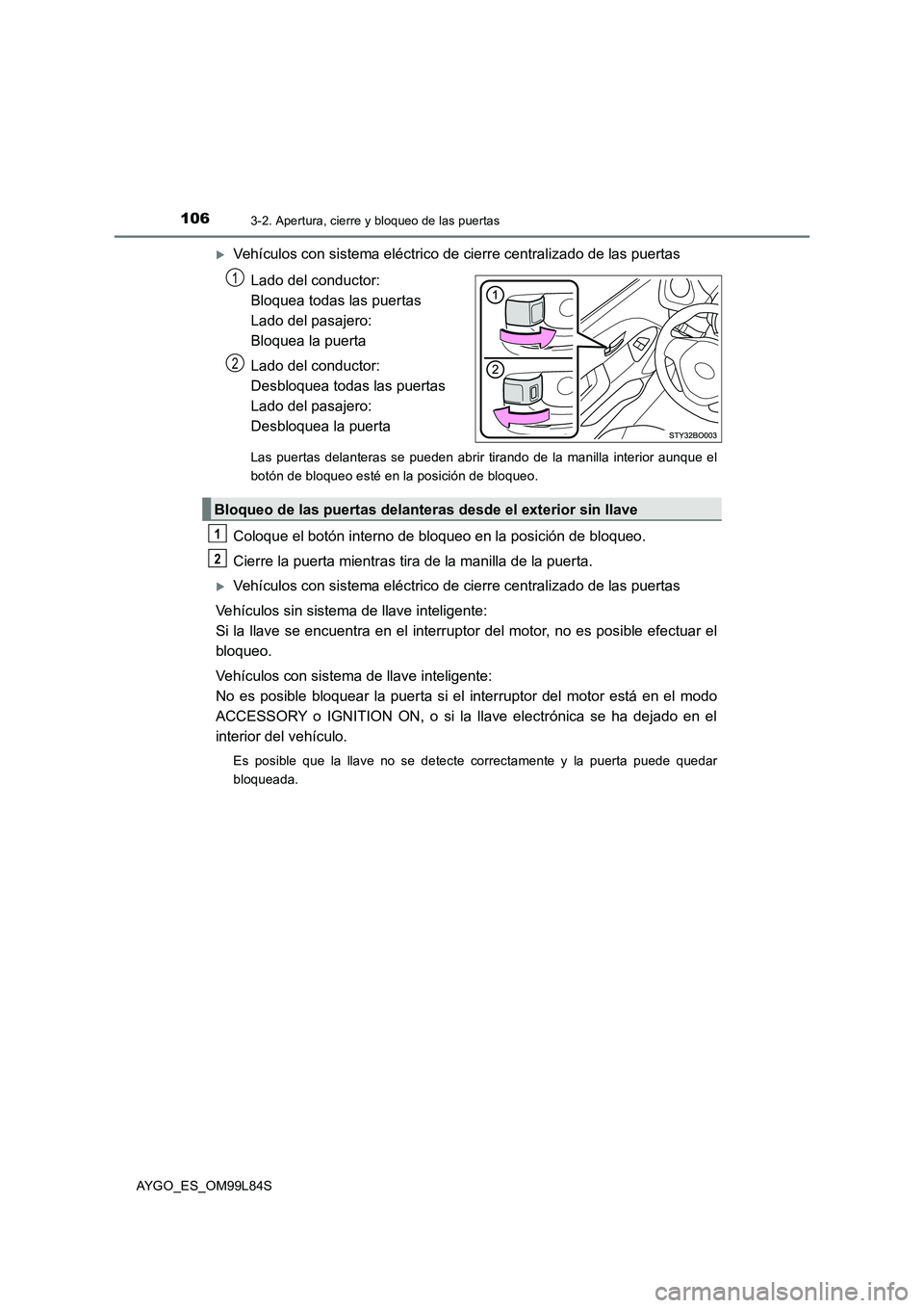 TOYOTA AYGO 2016 Manuale de Empleo (in Spanish) 1063-2. Apertura, cierre y bloqueo de las puertas
AYGO_ES_OM99L84S
Vehículos con sistema eléctrico de cierre centralizado de las puertas
Lado del conductor:
Bloquea todas las puertas
Lado del TOYOTA AYGO 2016 Manuale de Empleo (in Spanish) 1063-2. Apertura, cierre y bloqueo de las puertas
AYGO_ES_OM99L84S
Vehículos con sistema eléctrico de cierre centralizado de las puertas
Lado del conductor:
Bloquea todas las puertas
Lado del