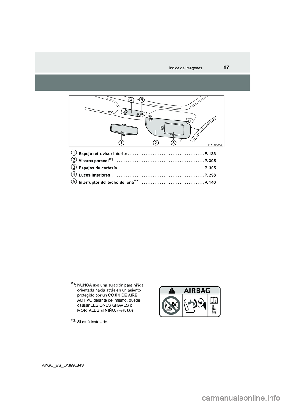 TOYOTA AYGO 2016 Manuale de Empleo (in Spanish) 17Índice de imágenes
AYGO_ES_OM99L84S
Espejo retrovisor interior . . . . . . . . . . . . . . . . . . . . . . . . . . . . . . . . . . P. 133
Viseras parasol*1 . . . . . . . . . . . . . . . . . . . TOYOTA AYGO 2016 Manuale de Empleo (in Spanish) 17Índice de imágenes
AYGO_ES_OM99L84S
Espejo retrovisor interior . . . . . . . . . . . . . . . . . . . . . . . . . . . . . . . . . . P. 133
Viseras parasol*1 . . . . . . . . . . . . . . . . . . .