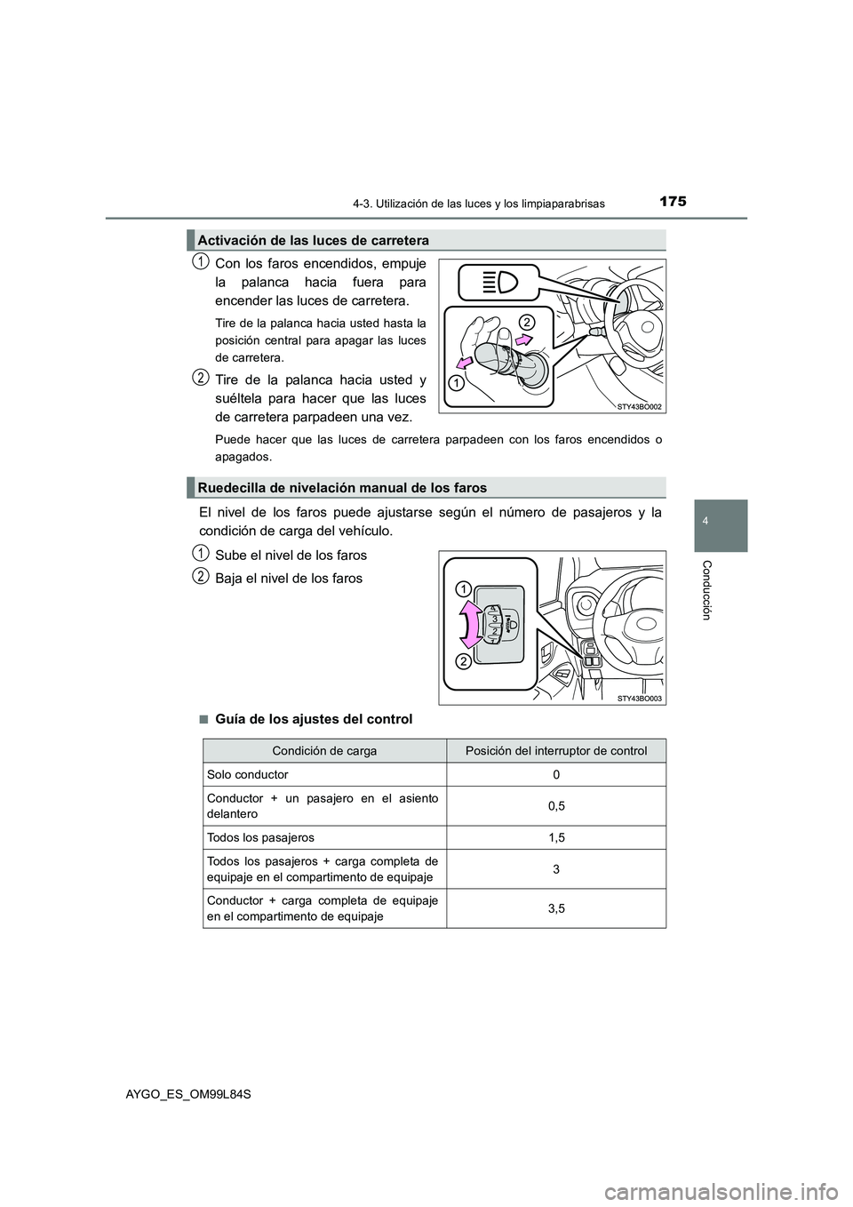 TOYOTA AYGO 2016  Manuale de Empleo (in Spanish) 1754-3. Utilización de las luces y los limpiaparabrisas
4
Conducción
AYGO_ES_OM99L84S
Con los faros encendidos, empuje 
la palanca hacia fuera para
encender las luces de carretera. 
Tire de la palan