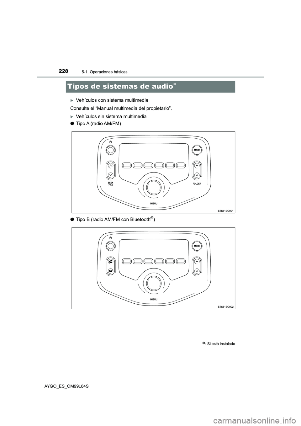 TOYOTA AYGO 2016  Manuale de Empleo (in Spanish) 2285-1. Operaciones básicas
AYGO_ES_OM99L84S
Tipos de sistemas de audio
Vehículos con sistema multimedia 
Consulte el “Manual multimedia del propietario”.
Vehículos sin sistema multime