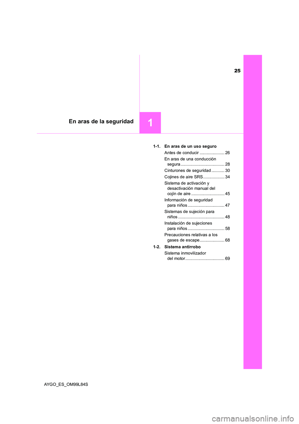 TOYOTA AYGO 2016 Manuale de Empleo (in Spanish) 25
1En aras de la seguridad
AYGO_ES_OM99L84S
1-1. En aras de un uso seguro
Antes de conducir ..................... 26
En aras de una conducción
segura ..................................... 28
C TOYOTA AYGO 2016 Manuale de Empleo (in Spanish) 25
1En aras de la seguridad
AYGO_ES_OM99L84S
1-1. En aras de un uso seguro
Antes de conducir ..................... 26
En aras de una conducción
segura ..................................... 28
C