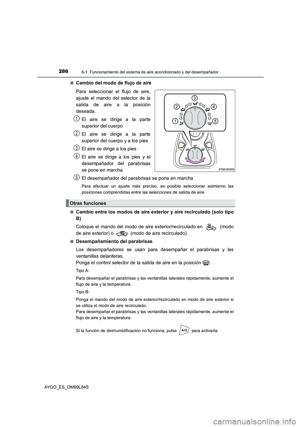 TOYOTA AYGO 2016  Manuale de Empleo (in Spanish) 2866-1. Funcionamiento del sistema de aire acondicionado y del desempañador
AYGO_ES_OM99L84S 
■Cambio del modo de flujo de aire 
Para seleccionar el flujo de aire, 
ajuste el mando del selector de 