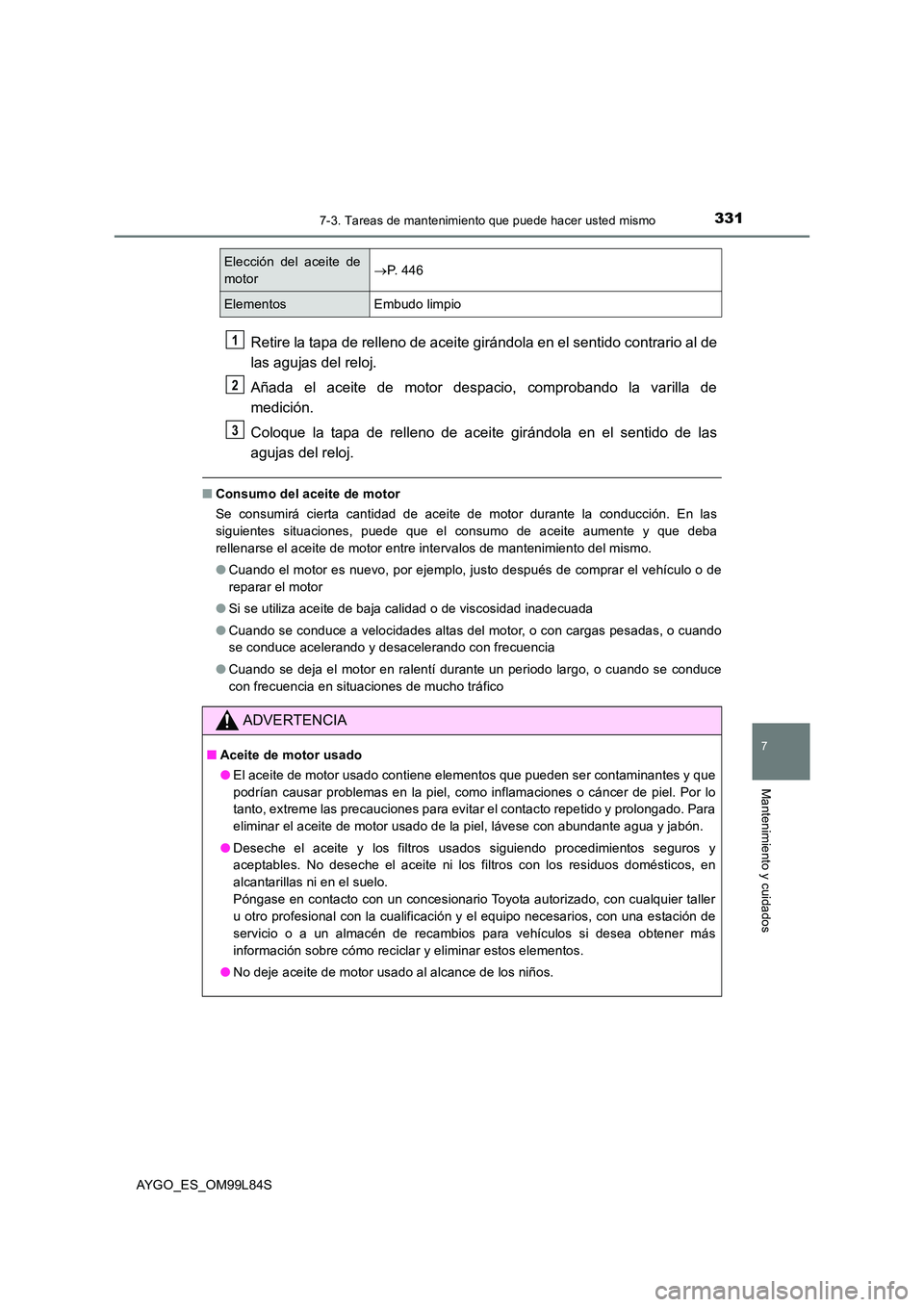 TOYOTA AYGO 2016 Manuale de Empleo (in Spanish) 3317-3. Tareas de mantenimiento que puede hacer usted mismo
7
Mantenimiento y cuidados
AYGO_ES_OM99L84S
Retire la tapa de relleno de aceite girándola en el sentido contrario al de
las agujas del rel TOYOTA AYGO 2016 Manuale de Empleo (in Spanish) 3317-3. Tareas de mantenimiento que puede hacer usted mismo
7
Mantenimiento y cuidados
AYGO_ES_OM99L84S
Retire la tapa de relleno de aceite girándola en el sentido contrario al de
las agujas del rel
