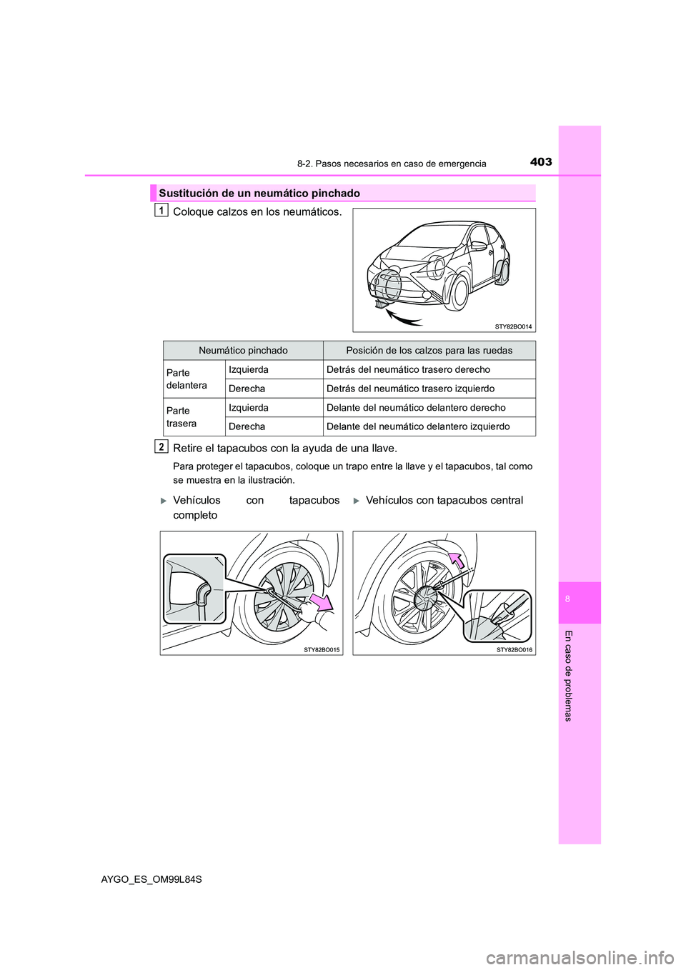 TOYOTA AYGO 2016 Manuale de Empleo (in Spanish) 4038-2. Pasos necesarios en caso de emergencia
8
En caso de problemas
AYGO_ES_OM99L84S
Coloque calzos en los neumáticos.
Retire el tapacubos con la ayuda de una llave.
Para proteger el tapacubos, co TOYOTA AYGO 2016 Manuale de Empleo (in Spanish) 4038-2. Pasos necesarios en caso de emergencia
8
En caso de problemas
AYGO_ES_OM99L84S
Coloque calzos en los neumáticos.
Retire el tapacubos con la ayuda de una llave.
Para proteger el tapacubos, co