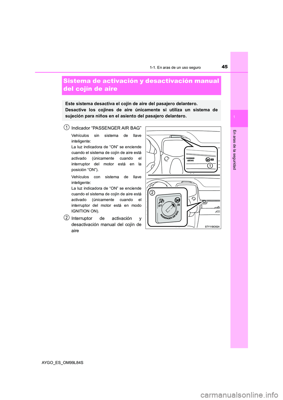 TOYOTA AYGO 2016 Manuale de Empleo (in Spanish) 451-1. En aras de un uso seguro
1
En aras de la seguridad
AYGO_ES_OM99L84S
Sistema de activación y desactivación manual
del cojín de aire
Indicador “PASSENGER AIR BAG”
Vehículos sin sistema TOYOTA AYGO 2016 Manuale de Empleo (in Spanish) 451-1. En aras de un uso seguro
1
En aras de la seguridad
AYGO_ES_OM99L84S
Sistema de activación y desactivación manual
del cojín de aire
Indicador “PASSENGER AIR BAG”
Vehículos sin sistema