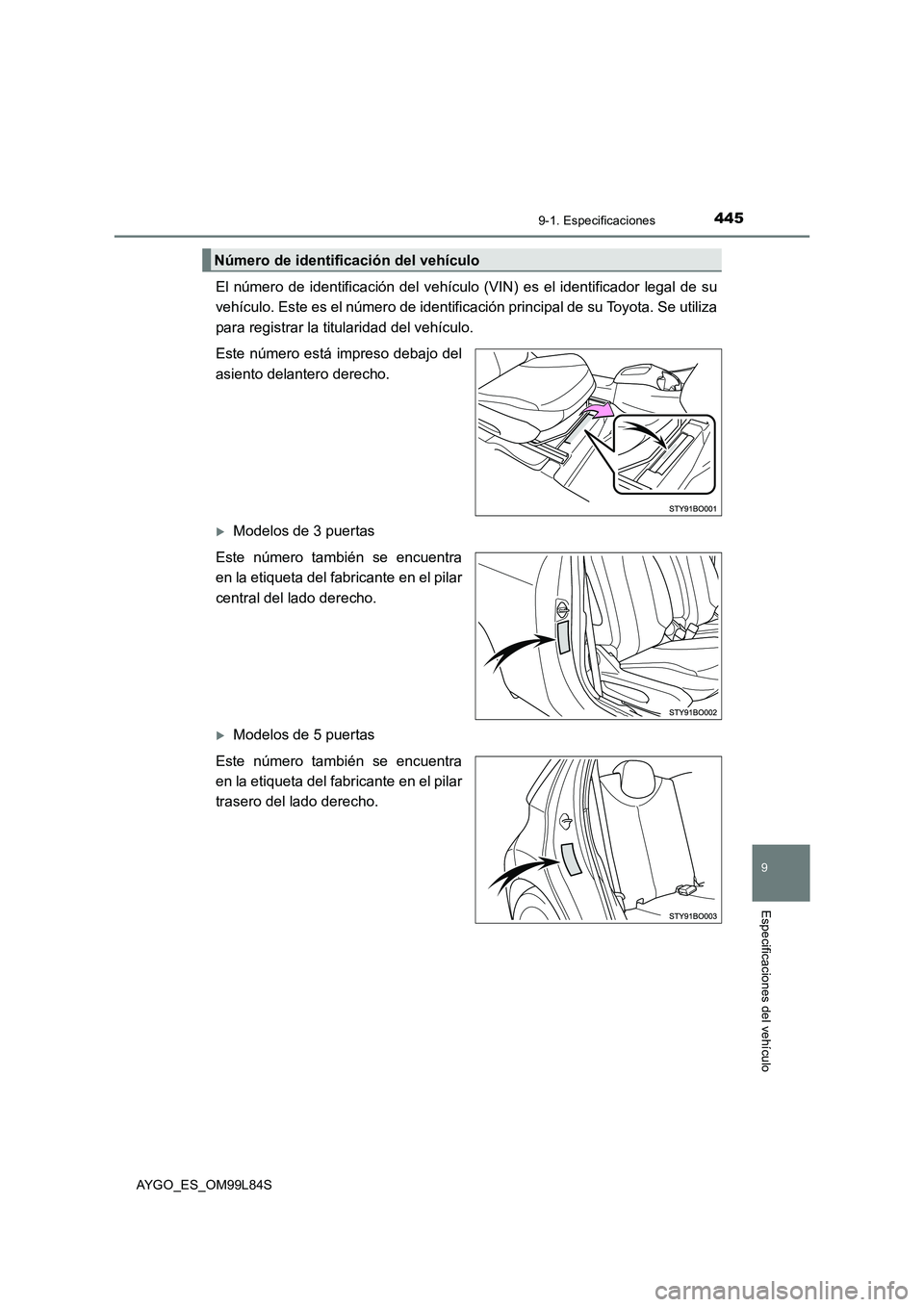 TOYOTA AYGO 2016 Manuale de Empleo (in Spanish) 4459-1. Especificaciones
9
Especificaciones del vehículo
AYGO_ES_OM99L84S
El número de identificación del vehículo (VIN) es el identificador legal de su
vehículo. Este es el número de identific TOYOTA AYGO 2016 Manuale de Empleo (in Spanish) 4459-1. Especificaciones
9
Especificaciones del vehículo
AYGO_ES_OM99L84S
El número de identificación del vehículo (VIN) es el identificador legal de su
vehículo. Este es el número de identific