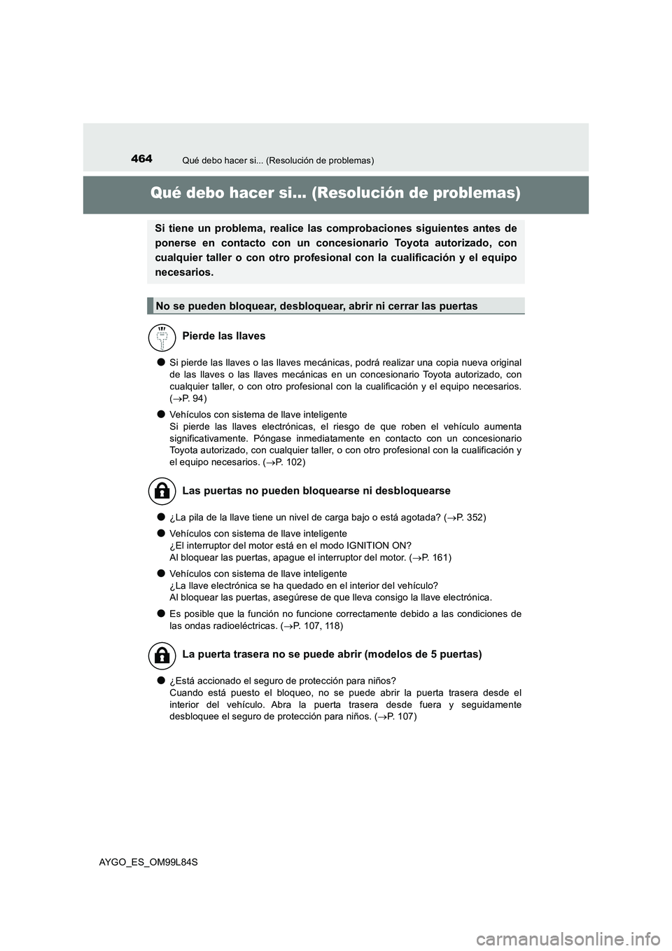 TOYOTA AYGO 2016  Manuale de Empleo (in Spanish) 464Qué debo hacer si... (Resolución de problemas)
AYGO_ES_OM99L84S
Qué debo hacer si... (Resolución de problemas)
●Si pierde las llaves o las llaves mecánicas, podrá realizar una copia nueva o