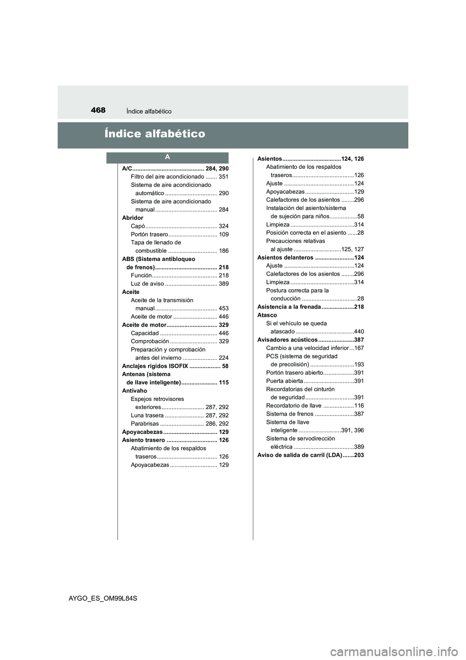 TOYOTA AYGO 2016  Manuale de Empleo (in Spanish) 468Índice alfabético
AYGO_ES_OM99L84S
Índice alfabético
A/C ............................................ 284, 290 
Filtro del aire acondicionado ....... 351 
Sistema de aire acondicionado  
autom�