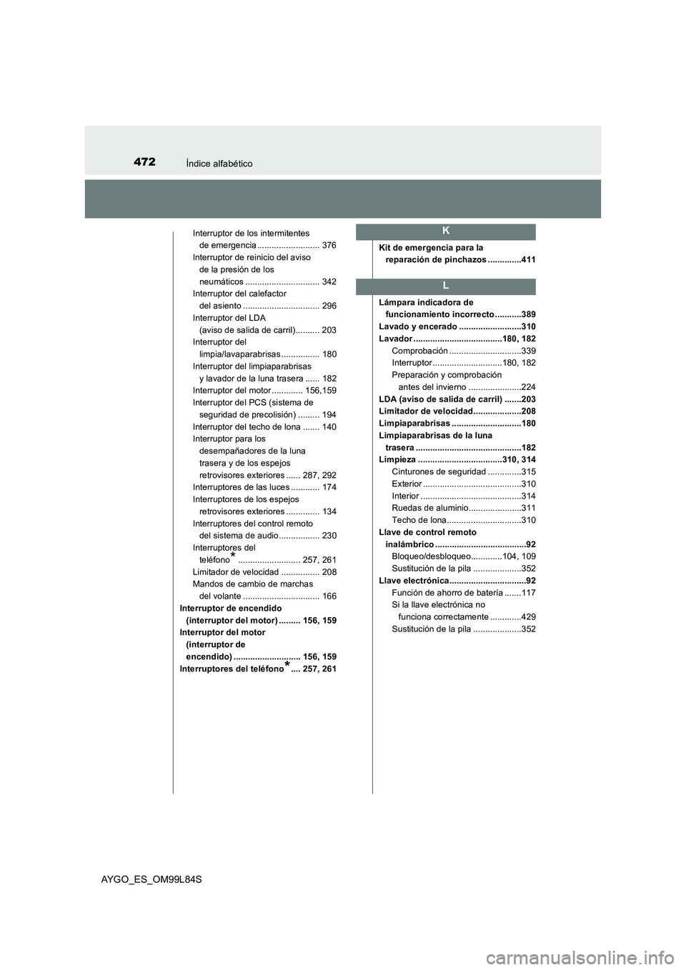 TOYOTA AYGO 2016 Manuale de Empleo (in Spanish) 472Índice alfabético
AYGO_ES_OM99L84S
Interruptor de los intermitentes
de emergencia .......................... 376
Interruptor de reinicio del aviso
de la presión de los
neumáticos ....... TOYOTA AYGO 2016 Manuale de Empleo (in Spanish) 472Índice alfabético
AYGO_ES_OM99L84S
Interruptor de los intermitentes
de emergencia .......................... 376
Interruptor de reinicio del aviso
de la presión de los
neumáticos .......