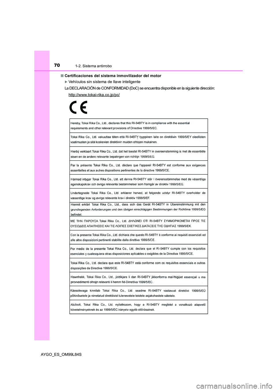TOYOTA AYGO 2016 Manuale de Empleo (in Spanish) 701-2. Sistema antirrobo
AYGO_ES_OM99L84S
■ Certificaciones del sistema inmovilizador del motor
Vehículos sin sistema de llave inteligente
La DECLARACIÓN de CONFORMIDAD (DoC) se encuentra dis TOYOTA AYGO 2016 Manuale de Empleo (in Spanish) 701-2. Sistema antirrobo
AYGO_ES_OM99L84S
■ Certificaciones del sistema inmovilizador del motor
Vehículos sin sistema de llave inteligente
La DECLARACIÓN de CONFORMIDAD (DoC) se encuentra dis