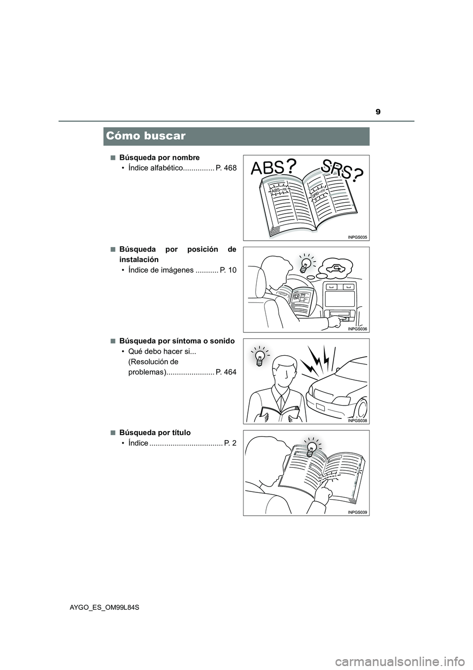 TOYOTA AYGO 2016  Manuale de Empleo (in Spanish) 9
AYGO_ES_OM99L84S
Cómo buscar
■Búsqueda por nombre 
• Índice alfabético............... P. 468
■Búsqueda por posición de
instalación 
• Índice de imágenes ........... P. 10
■Búsque
