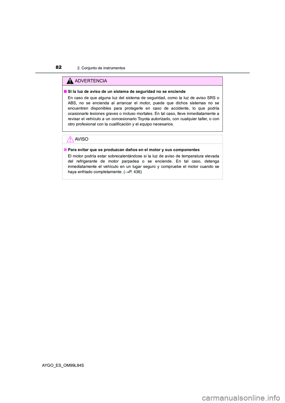 TOYOTA AYGO 2016 Manuale de Empleo (in Spanish) 822. Conjunto de instrumentos
AYGO_ES_OM99L84S
ADVERTENCIA
■Si la luz de aviso de un sistema de seguridad no se enciende
En caso de que alguna luz del sistema de seguridad, como la luz de aviso SR TOYOTA AYGO 2016 Manuale de Empleo (in Spanish) 822. Conjunto de instrumentos
AYGO_ES_OM99L84S
ADVERTENCIA
■Si la luz de aviso de un sistema de seguridad no se enciende
En caso de que alguna luz del sistema de seguridad, como la luz de aviso SR
