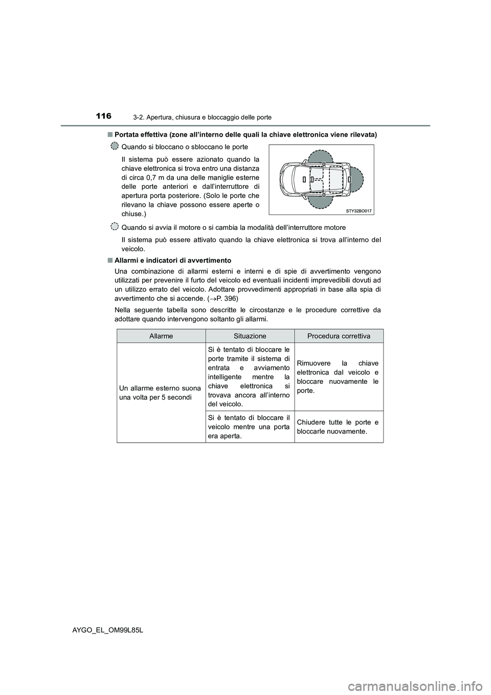 TOYOTA AYGO 2016 Manuale duso (in Italian) 1163-2. Apertura, chiusura e bloccaggio delle porte
AYGO_EL_OM99L85L
■ Portata effettiva (zone all’interno delle quali la chiave elettronica viene rilevata)
Quando si avvia il motore o si cambia TOYOTA AYGO 2016 Manuale duso (in Italian) 1163-2. Apertura, chiusura e bloccaggio delle porte
AYGO_EL_OM99L85L
■ Portata effettiva (zone all’interno delle quali la chiave elettronica viene rilevata)
Quando si avvia il motore o si cambia