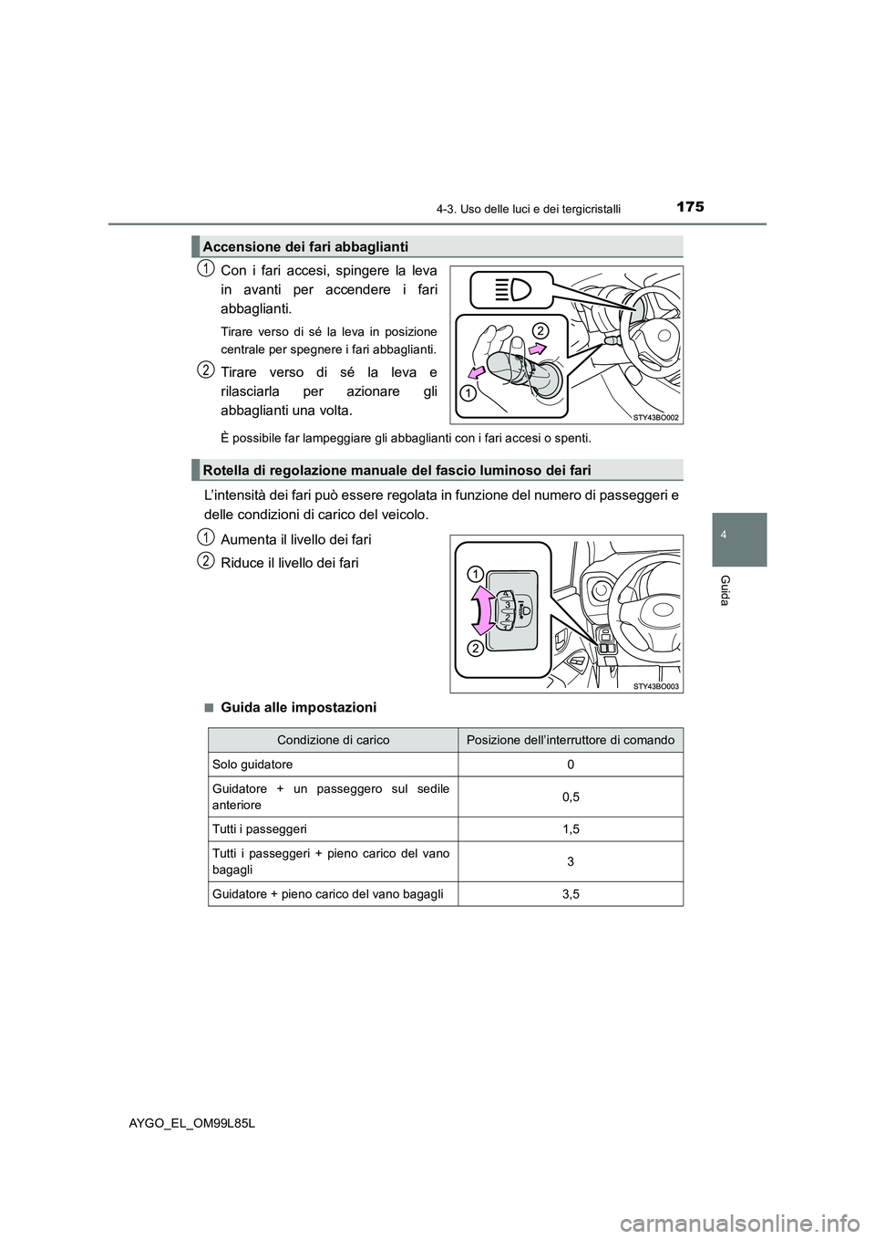 TOYOTA AYGO 2016 Manuale duso (in Italian) 1754-3. Uso delle luci e dei tergicristalli
4
Guida
AYGO_EL_OM99L85L
Con i fari accesi, spingere la leva
in avanti per accendere i fari
abbaglianti.
Tirare verso di sé la leva in posizione
central TOYOTA AYGO 2016 Manuale duso (in Italian) 1754-3. Uso delle luci e dei tergicristalli
4
Guida
AYGO_EL_OM99L85L
Con i fari accesi, spingere la leva
in avanti per accendere i fari
abbaglianti.
Tirare verso di sé la leva in posizione
central