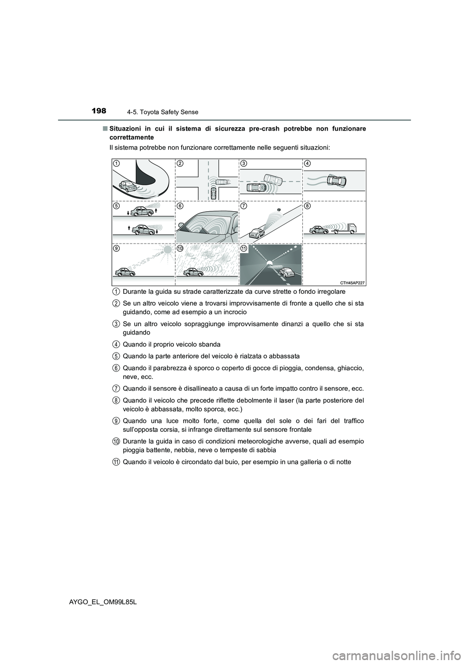 TOYOTA AYGO 2016 Manuale duso (in Italian) 1984-5. Toyota Safety Sense
AYGO_EL_OM99L85L
■ Situazioni in cui il sistema di sicurezza pre-crash potrebbe non funzionare
correttamente
Il sistema potrebbe non funzionare correttamente nelle seg TOYOTA AYGO 2016 Manuale duso (in Italian) 1984-5. Toyota Safety Sense
AYGO_EL_OM99L85L
■ Situazioni in cui il sistema di sicurezza pre-crash potrebbe non funzionare
correttamente
Il sistema potrebbe non funzionare correttamente nelle seg