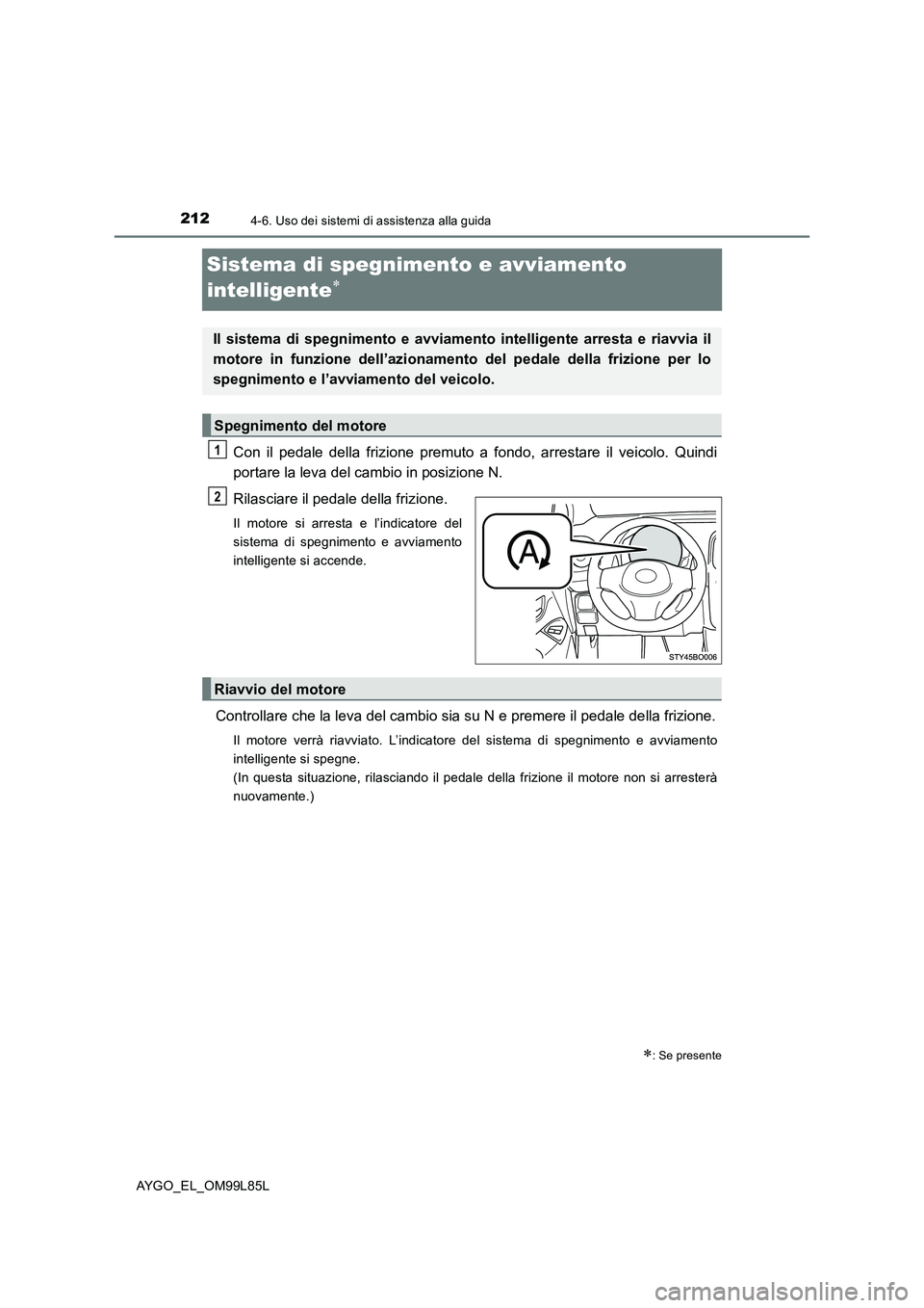 TOYOTA AYGO 2016 Manuale duso (in Italian) 2124-6. Uso dei sistemi di assistenza alla guida
AYGO_EL_OM99L85L
Sistema di spegnimento e avviamento
intelligente
Con il pedale della frizione premuto a fondo, arrestare il veicolo. Quindi
port TOYOTA AYGO 2016 Manuale duso (in Italian) 2124-6. Uso dei sistemi di assistenza alla guida
AYGO_EL_OM99L85L
Sistema di spegnimento e avviamento
intelligente
Con il pedale della frizione premuto a fondo, arrestare il veicolo. Quindi
port