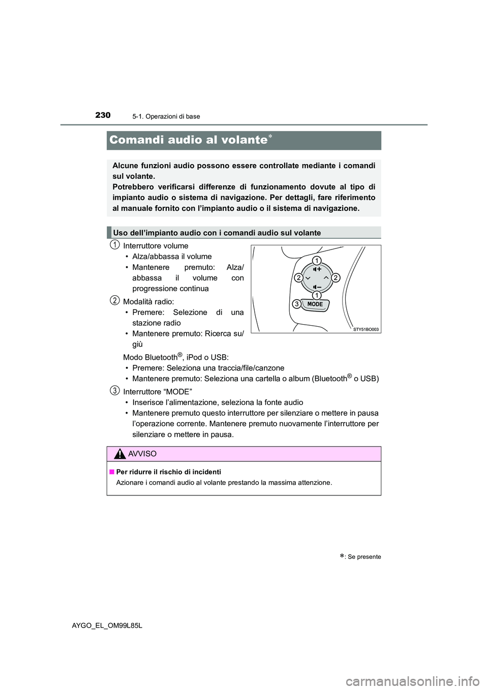 TOYOTA AYGO 2016 Manuale duso (in Italian) 2305-1. Operazioni di base
AYGO_EL_OM99L85L
Comandi audio al volante
Interruttore volume
• Alza/abbassa il volume
• Mantenere premuto: Alza/
abbassa il volume con
progressione continua
Moda TOYOTA AYGO 2016 Manuale duso (in Italian) 2305-1. Operazioni di base
AYGO_EL_OM99L85L
Comandi audio al volante
Interruttore volume
• Alza/abbassa il volume
• Mantenere premuto: Alza/
abbassa il volume con
progressione continua
Moda