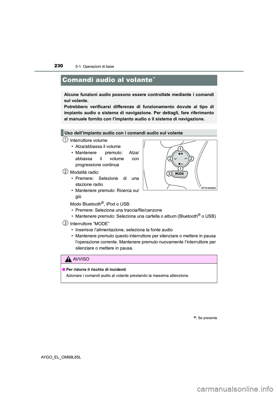 TOYOTA AYGO 2016  Manuale duso (in Italian) 2305-1. Operazioni di base
AYGO_EL_OM99L85L
Comandi audio al volante
Interruttore volume 
• Alza/abbassa il volume 
• Mantenere premuto: Alza/ 
abbassa il volume con
progressione continua 
Moda