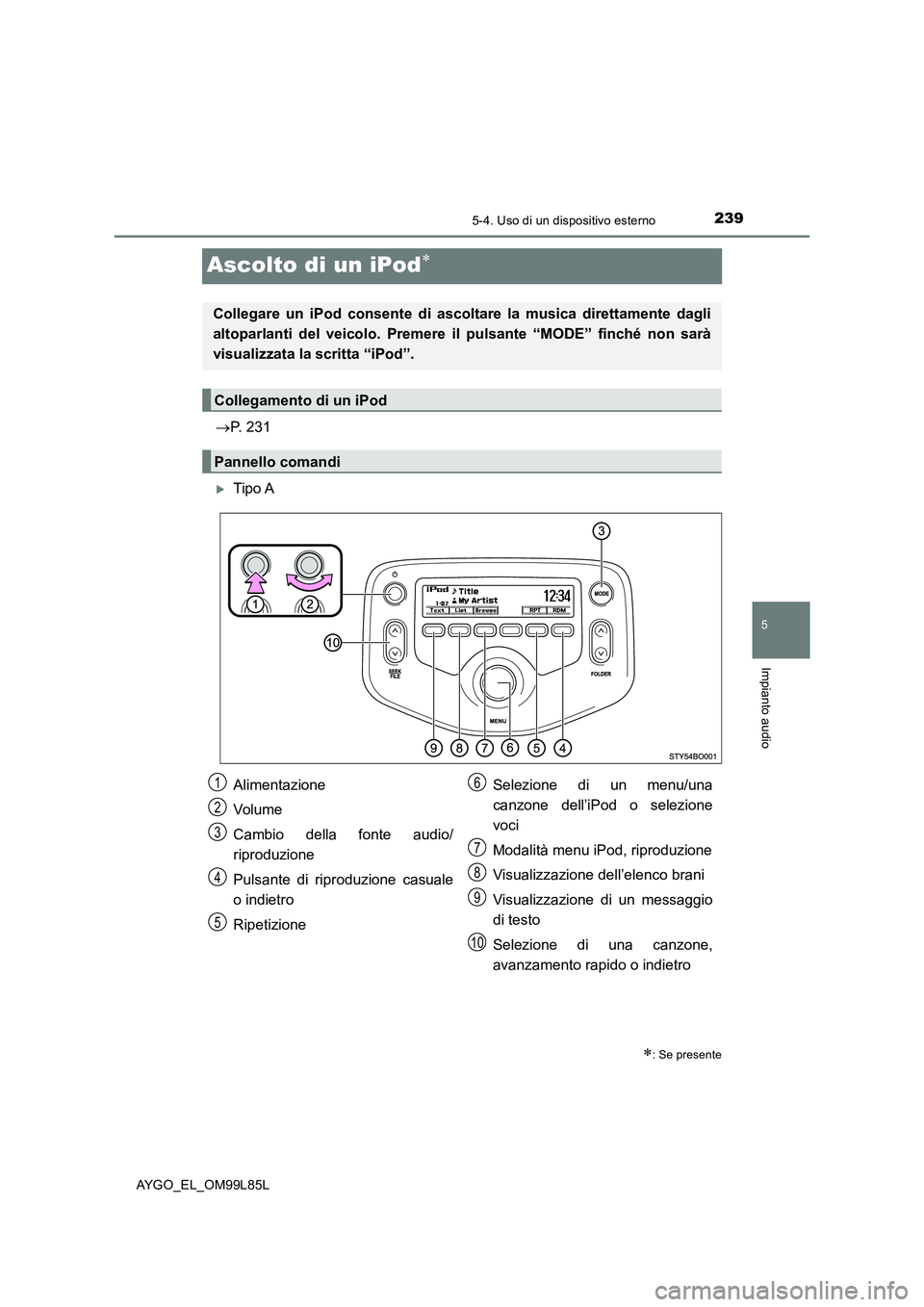 TOYOTA AYGO 2016 Manuale duso (in Italian) 239
5
5-4. Uso di un dispositivo esterno
Impianto audio
AYGO_EL_OM99L85L
Ascolto di un iPod
P. 231
Tipo A
: Se presente
Collegare un iPod consente di ascoltare la musica direttamente dagli TOYOTA AYGO 2016 Manuale duso (in Italian) 239
5
5-4. Uso di un dispositivo esterno
Impianto audio
AYGO_EL_OM99L85L
Ascolto di un iPod
P. 231
Tipo A
: Se presente
Collegare un iPod consente di ascoltare la musica direttamente dagli