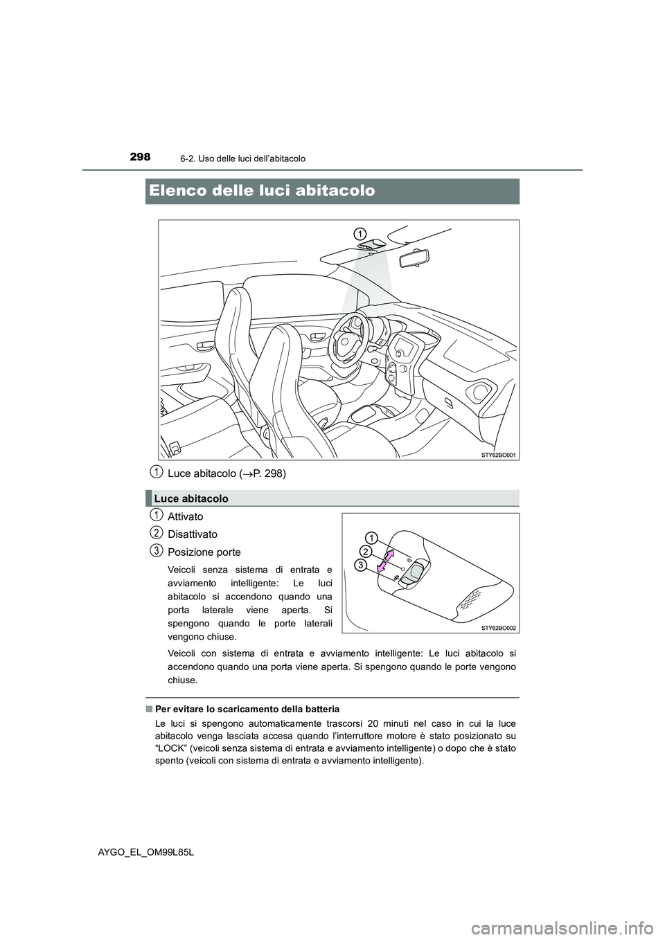 TOYOTA AYGO 2016 Manuale duso (in Italian) 2986-2. Uso delle luci dell’abitacolo
AYGO_EL_OM99L85L
Elenco delle luci abitacolo
Luce abitacolo (P. 298)
Attivato
Disattivato
Posizione porte
Veicoli senza sistema di entrata e
avviamento i TOYOTA AYGO 2016 Manuale duso (in Italian) 2986-2. Uso delle luci dell’abitacolo
AYGO_EL_OM99L85L
Elenco delle luci abitacolo
Luce abitacolo (P. 298)
Attivato
Disattivato
Posizione porte
Veicoli senza sistema di entrata e
avviamento i