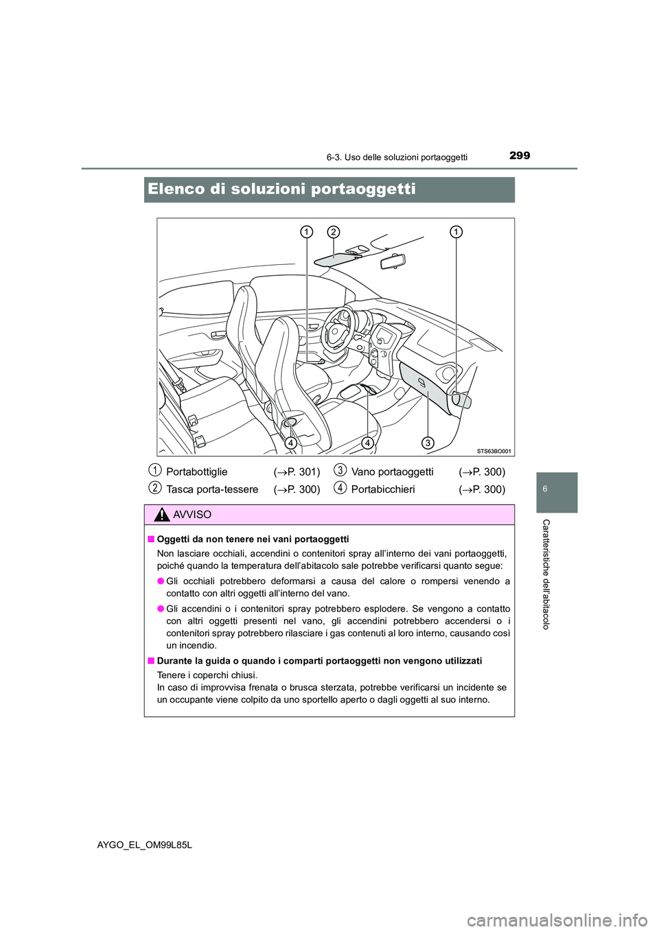 TOYOTA AYGO 2016 Manuale duso (in Italian) 2996-3. Uso delle soluzioni portaoggetti
6
Caratteristiche dell’abitacolo
AYGO_EL_OM99L85L
Elenco di soluzioni portaoggetti
Portabottiglie (P. 301)
Tasca porta-tessere ( P. 300)
Vano portao TOYOTA AYGO 2016 Manuale duso (in Italian) 2996-3. Uso delle soluzioni portaoggetti
6
Caratteristiche dell’abitacolo
AYGO_EL_OM99L85L
Elenco di soluzioni portaoggetti
Portabottiglie (P. 301)
Tasca porta-tessere ( P. 300)
Vano portao