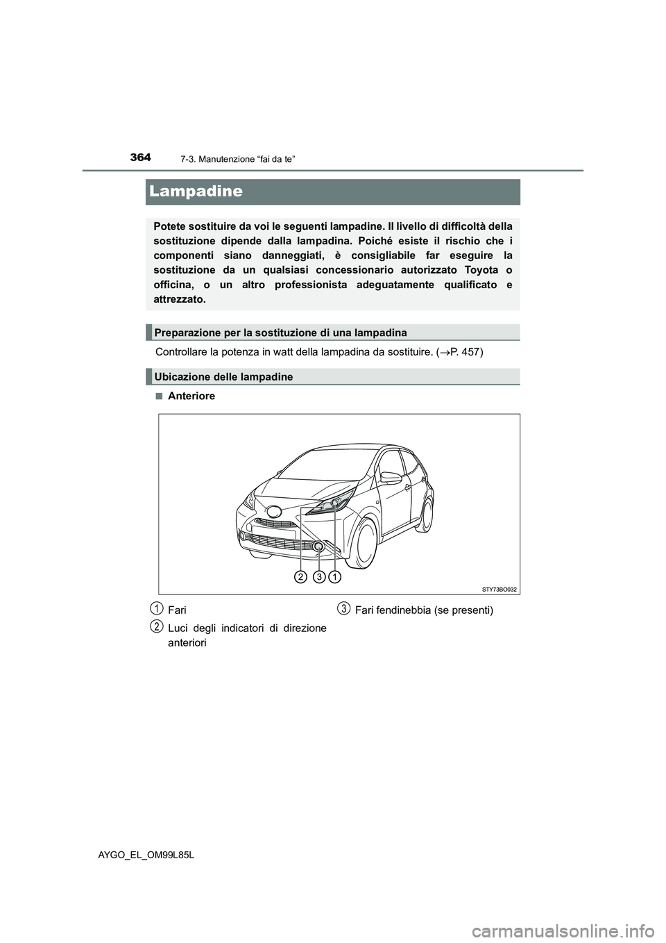 TOYOTA AYGO 2016 Manuale duso (in Italian) 3647-3. Manutenzione “fai da te”
AYGO_EL_OM99L85L
Lampadine
Controllare la potenza in watt della lampadina da sostituire. (P. 457)
■Anteriore
Potete sostituire da voi le seguenti lampadine. I TOYOTA AYGO 2016 Manuale duso (in Italian) 3647-3. Manutenzione “fai da te”
AYGO_EL_OM99L85L
Lampadine
Controllare la potenza in watt della lampadina da sostituire. (P. 457)
■Anteriore
Potete sostituire da voi le seguenti lampadine. I