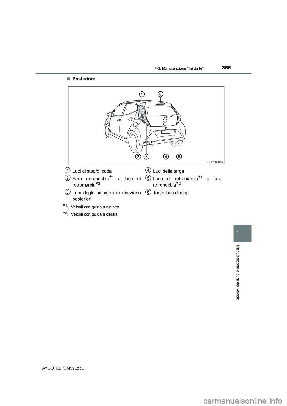 TOYOTA AYGO 2016 Manuale duso (in Italian) 3657-3. Manutenzione “fai da te”
7
Manutenzione e cura del veicolo
AYGO_EL_OM99L85L
■Posteriore
*1: Veicoli con guida a sinistra
*2: Veicoli con guida a destra
Luci di stop/di coda
Faro retron TOYOTA AYGO 2016 Manuale duso (in Italian) 3657-3. Manutenzione “fai da te”
7
Manutenzione e cura del veicolo
AYGO_EL_OM99L85L
■Posteriore
*1: Veicoli con guida a sinistra
*2: Veicoli con guida a destra
Luci di stop/di coda
Faro retron