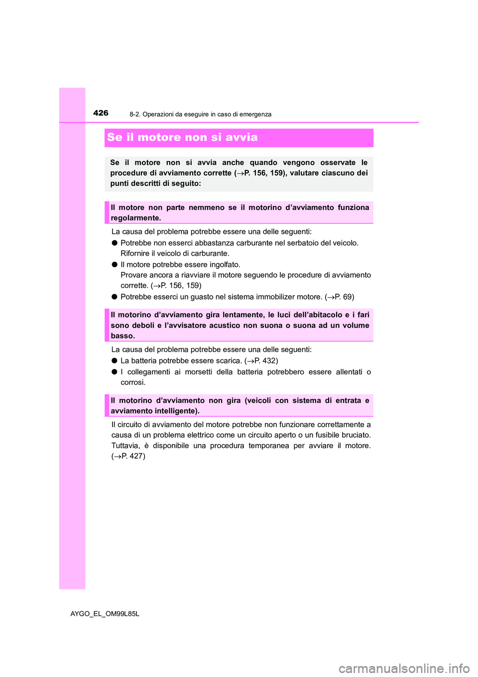 TOYOTA AYGO 2016 Manuale duso (in Italian) 4268-2. Operazioni da eseguire in caso di emergenza
AYGO_EL_OM99L85L
Se il motore non si avvia
La causa del problema potrebbe essere una delle seguenti:
● Potrebbe non esserci abbastanza carburante TOYOTA AYGO 2016 Manuale duso (in Italian) 4268-2. Operazioni da eseguire in caso di emergenza
AYGO_EL_OM99L85L
Se il motore non si avvia
La causa del problema potrebbe essere una delle seguenti:
● Potrebbe non esserci abbastanza carburante
