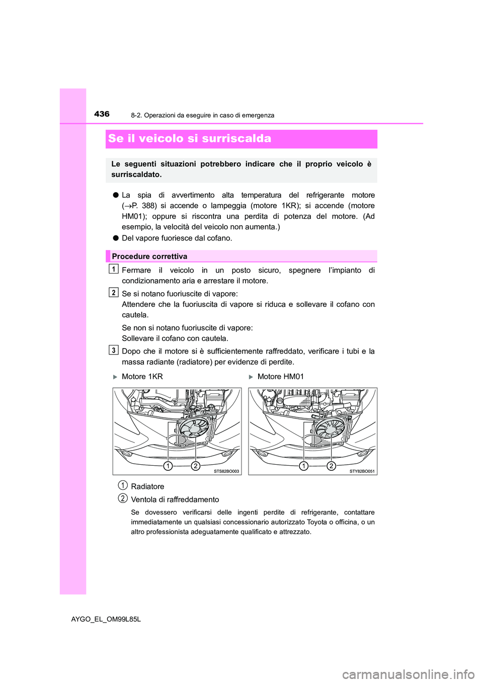 TOYOTA AYGO 2016 Manuale duso (in Italian) 4368-2. Operazioni da eseguire in caso di emergenza
AYGO_EL_OM99L85L
Se il veicolo si surriscalda
●La spia di avvertimento alta temperatura del refrigerante motore
( P. 388) si accende o lampegg TOYOTA AYGO 2016 Manuale duso (in Italian) 4368-2. Operazioni da eseguire in caso di emergenza
AYGO_EL_OM99L85L
Se il veicolo si surriscalda
●La spia di avvertimento alta temperatura del refrigerante motore
( P. 388) si accende o lampegg