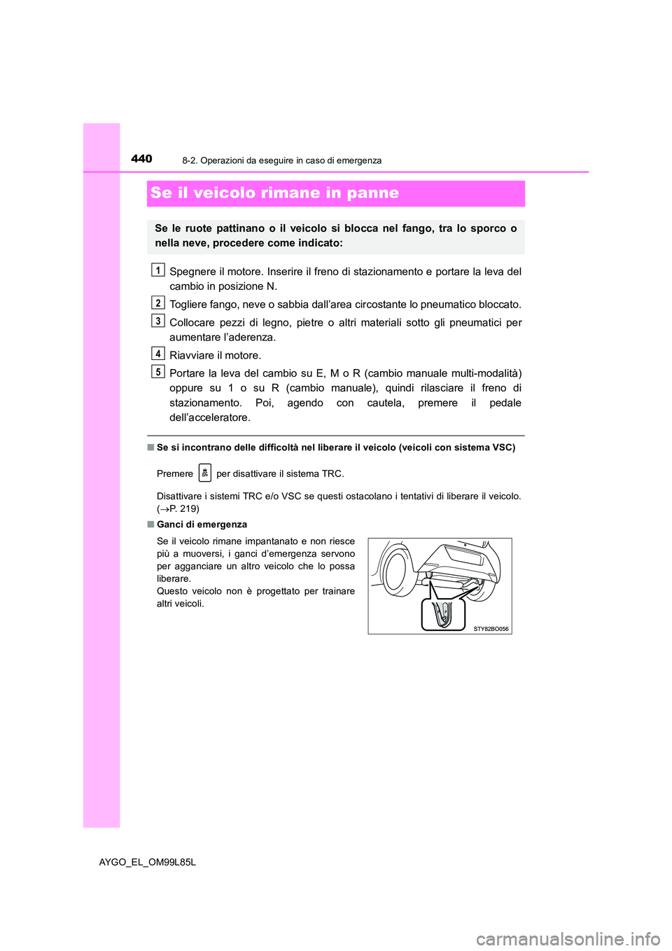 TOYOTA AYGO 2016 Manuale duso (in Italian) 4408-2. Operazioni da eseguire in caso di emergenza
AYGO_EL_OM99L85L
Se il veicolo rimane in panne
Spegnere il motore. Inserire il freno di stazionamento e portare la leva del
cambio in posizione N. TOYOTA AYGO 2016 Manuale duso (in Italian) 4408-2. Operazioni da eseguire in caso di emergenza
AYGO_EL_OM99L85L
Se il veicolo rimane in panne
Spegnere il motore. Inserire il freno di stazionamento e portare la leva del
cambio in posizione N.